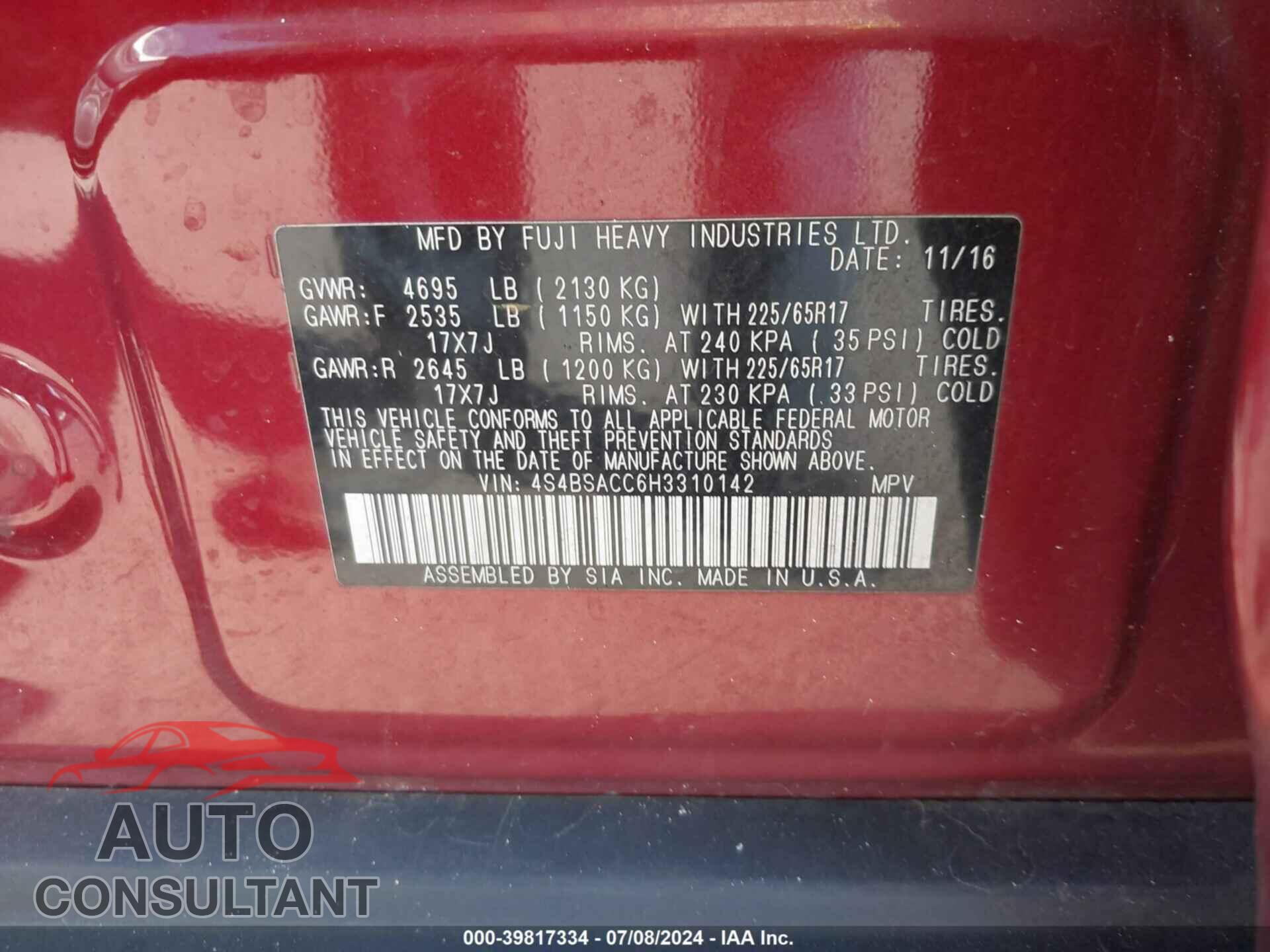 SUBARU OUTBACK 2017 - 4S4BSACC6H3310142