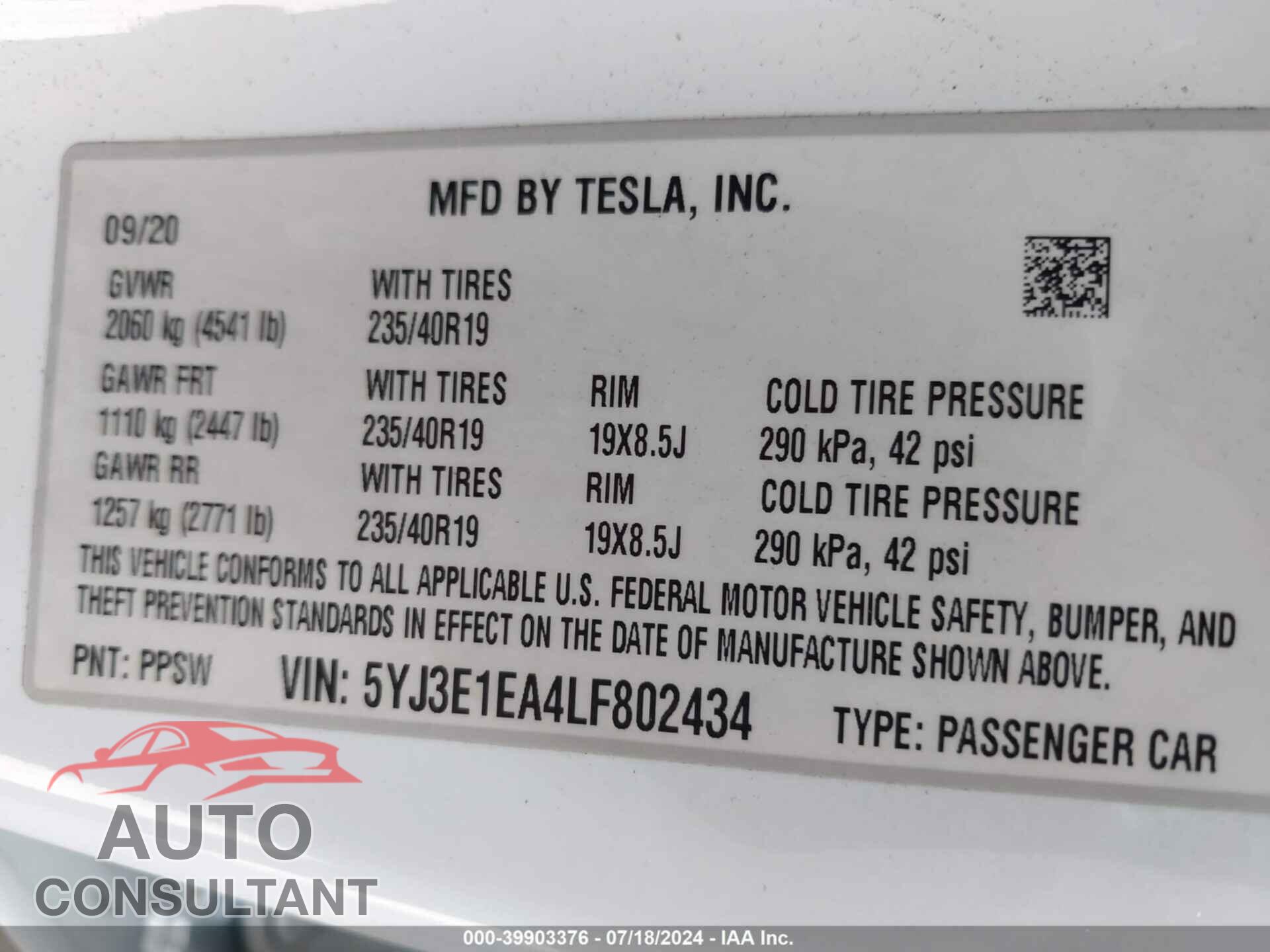 TESLA MODEL 3 2020 - 5YJ3E1EA4LF802434