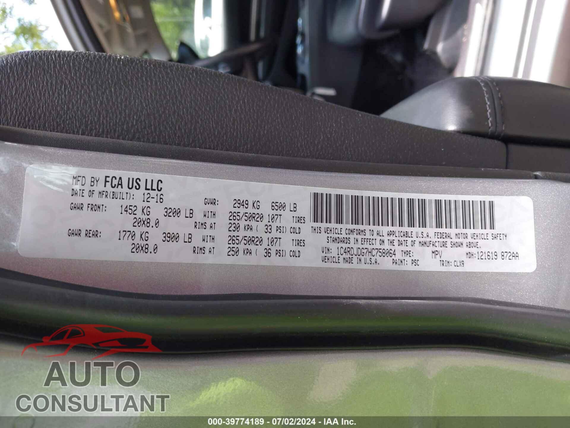 DODGE DURANGO 2017 - 1C4RDJDG7HC758064