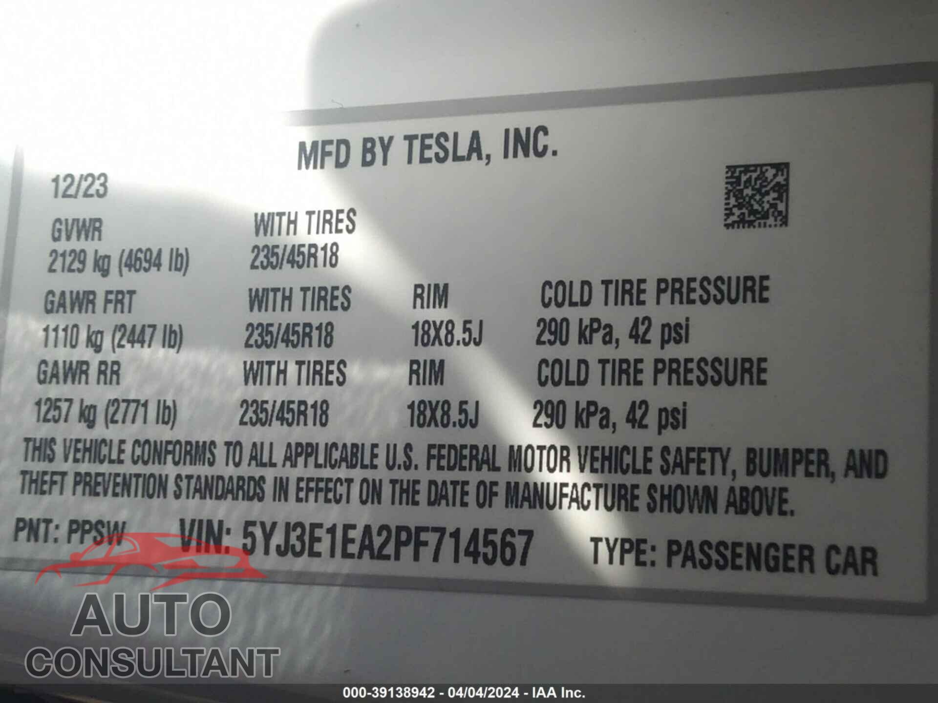TESLA MODEL 3 2023 - 5YJ3E1EA2PF714567