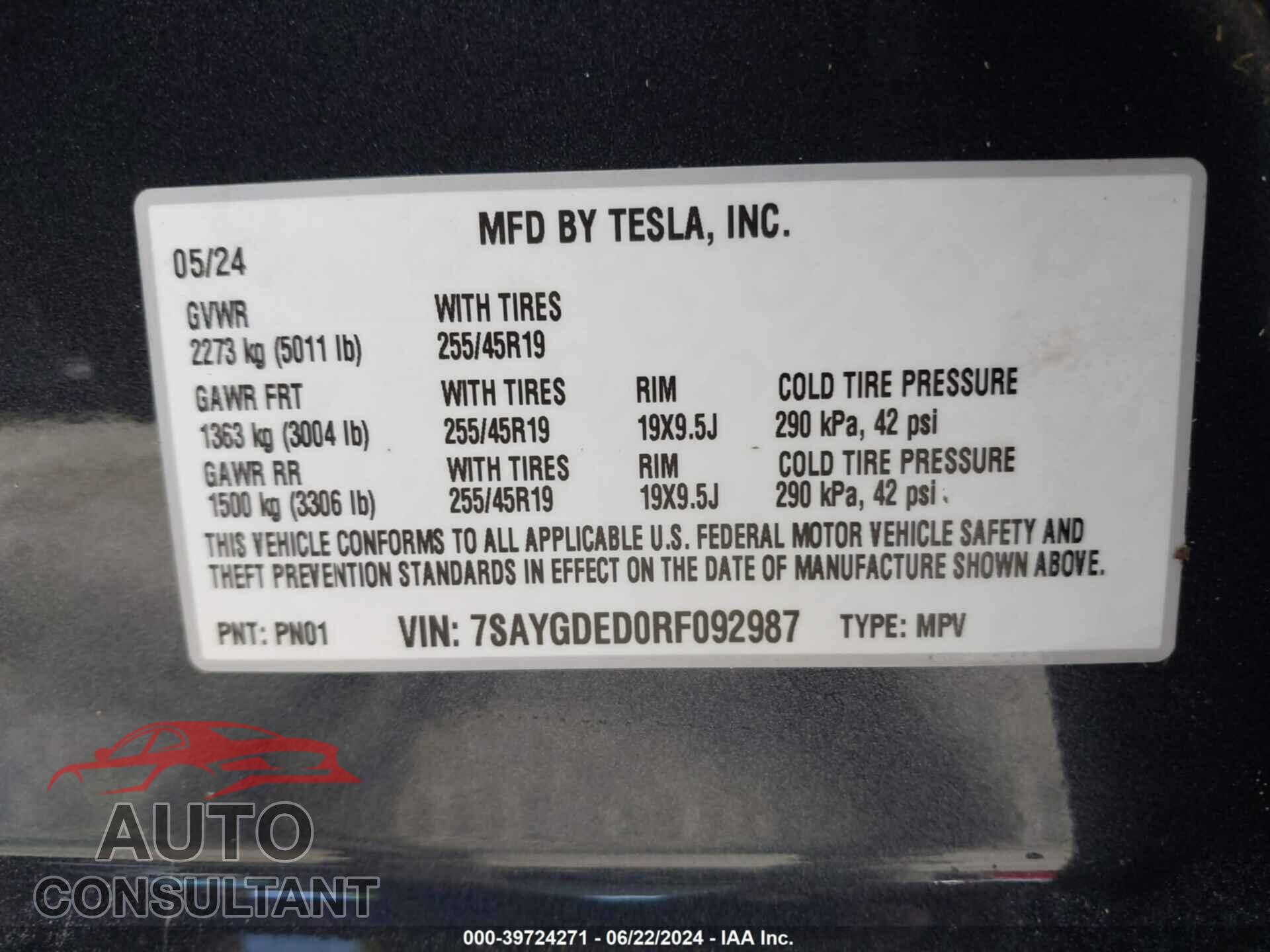 TESLA MODEL Y 2024 - 7SAYGDED0RF092987