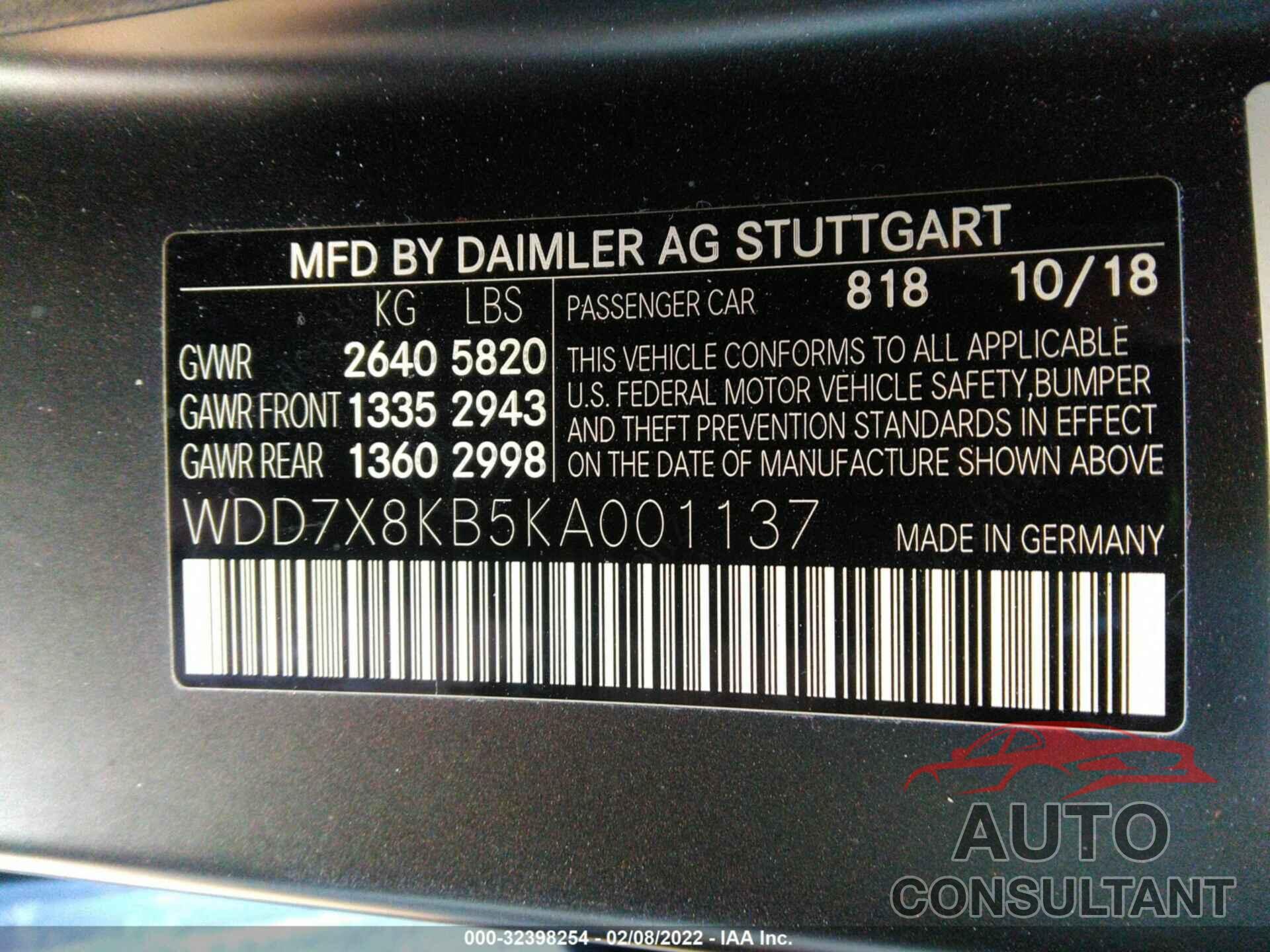 MERCEDES-BENZ AMG GT 2019 - WDD7X8KB5KA001137