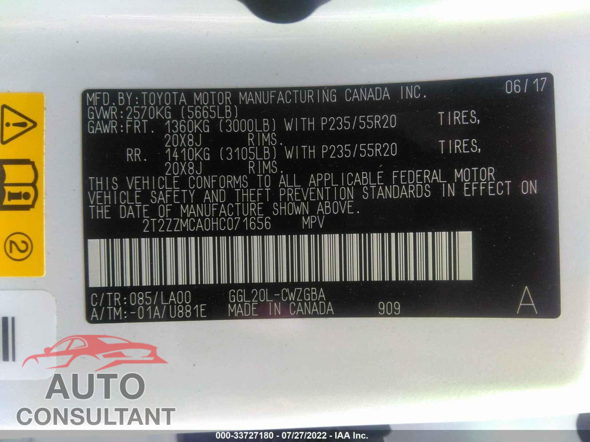 LEXUS RX 2017 - 2T2ZZMCA0HC071656