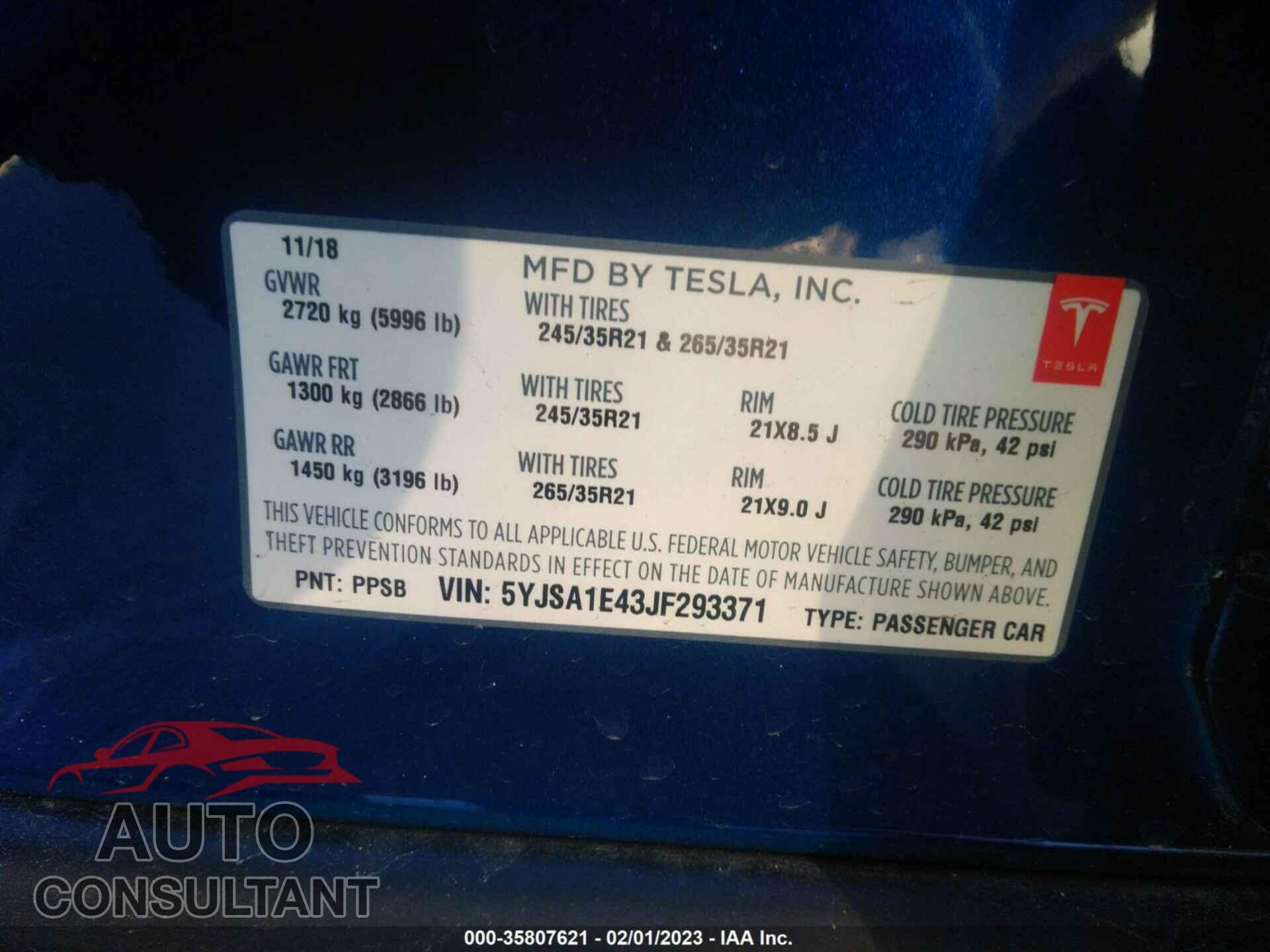 TESLA MODEL S 2018 - 5YJSA1E43JF293371