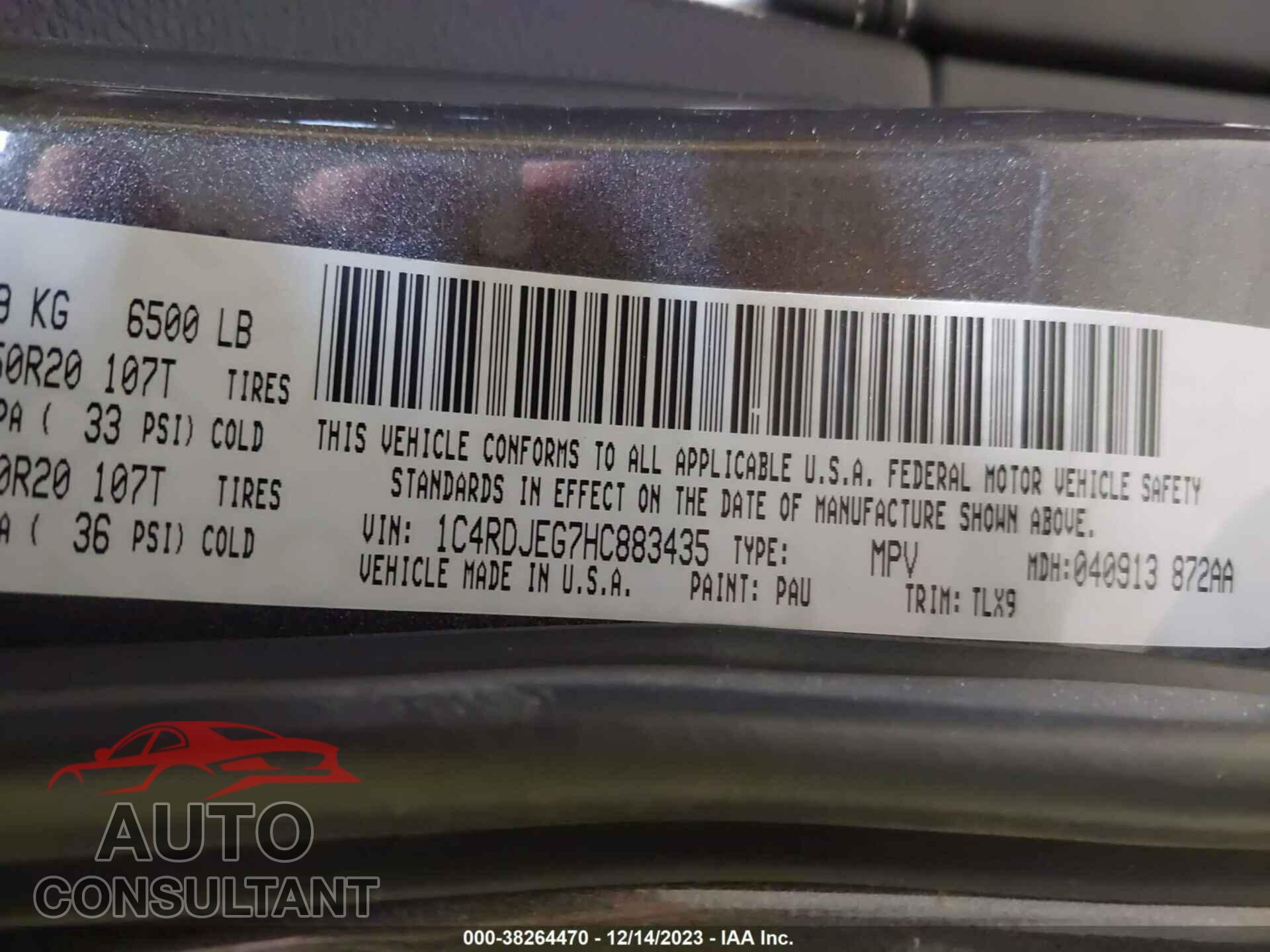 DODGE DURANGO 2017 - 1C4RDJEG7HC883435