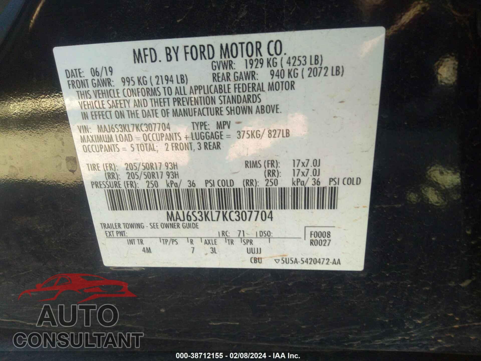 FORD ECOSPORT 2019 - MAJ6S3KL7KC307704