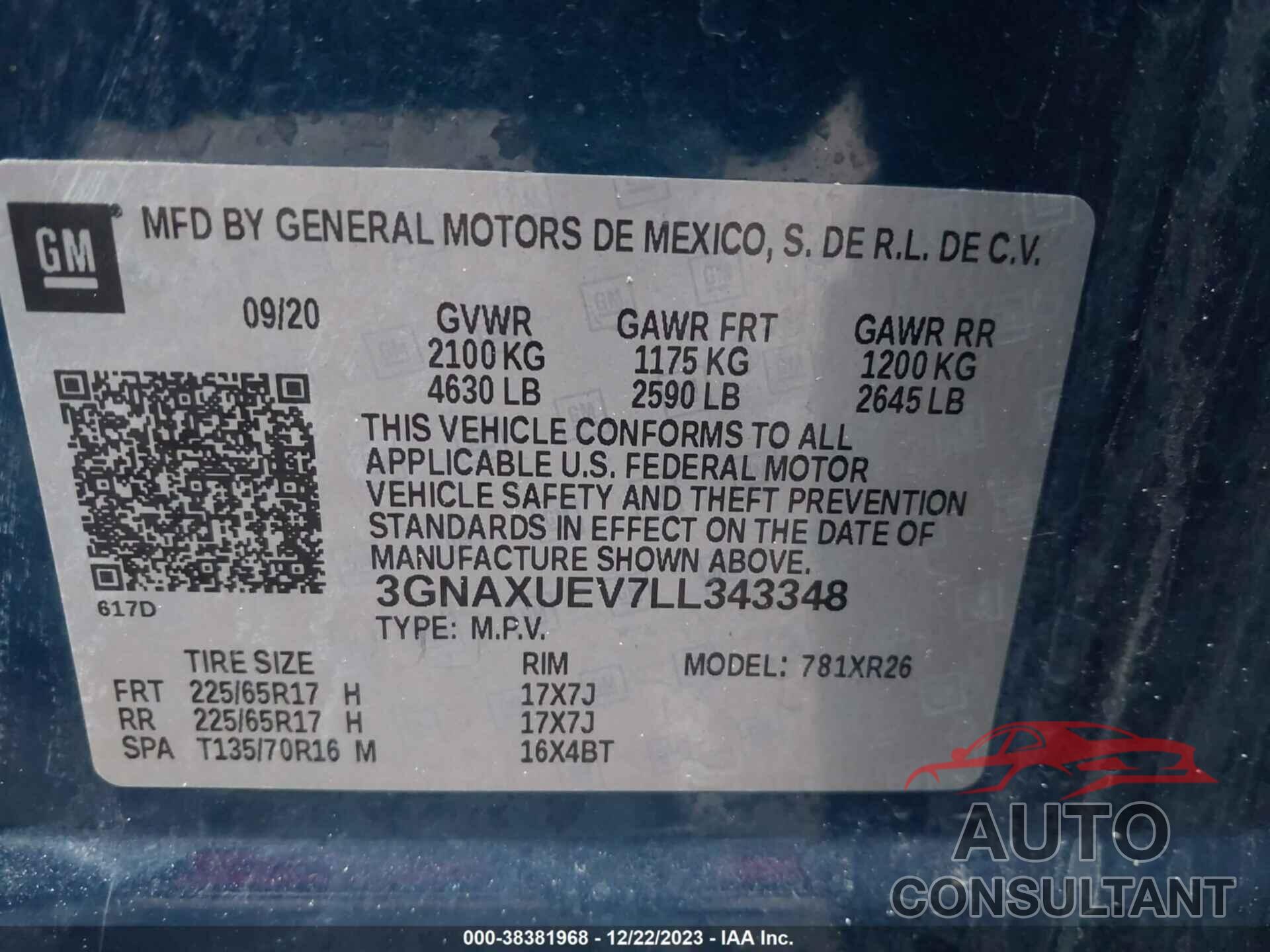 CHEVROLET EQUINOX 2020 - 3GNAXUEV7LL343348