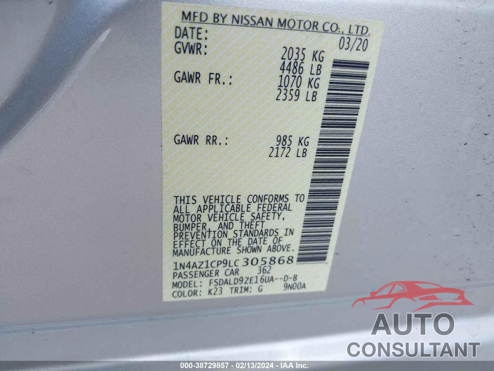 NISSAN LEAF 2020 - 1N4AZ1CP9LC305868