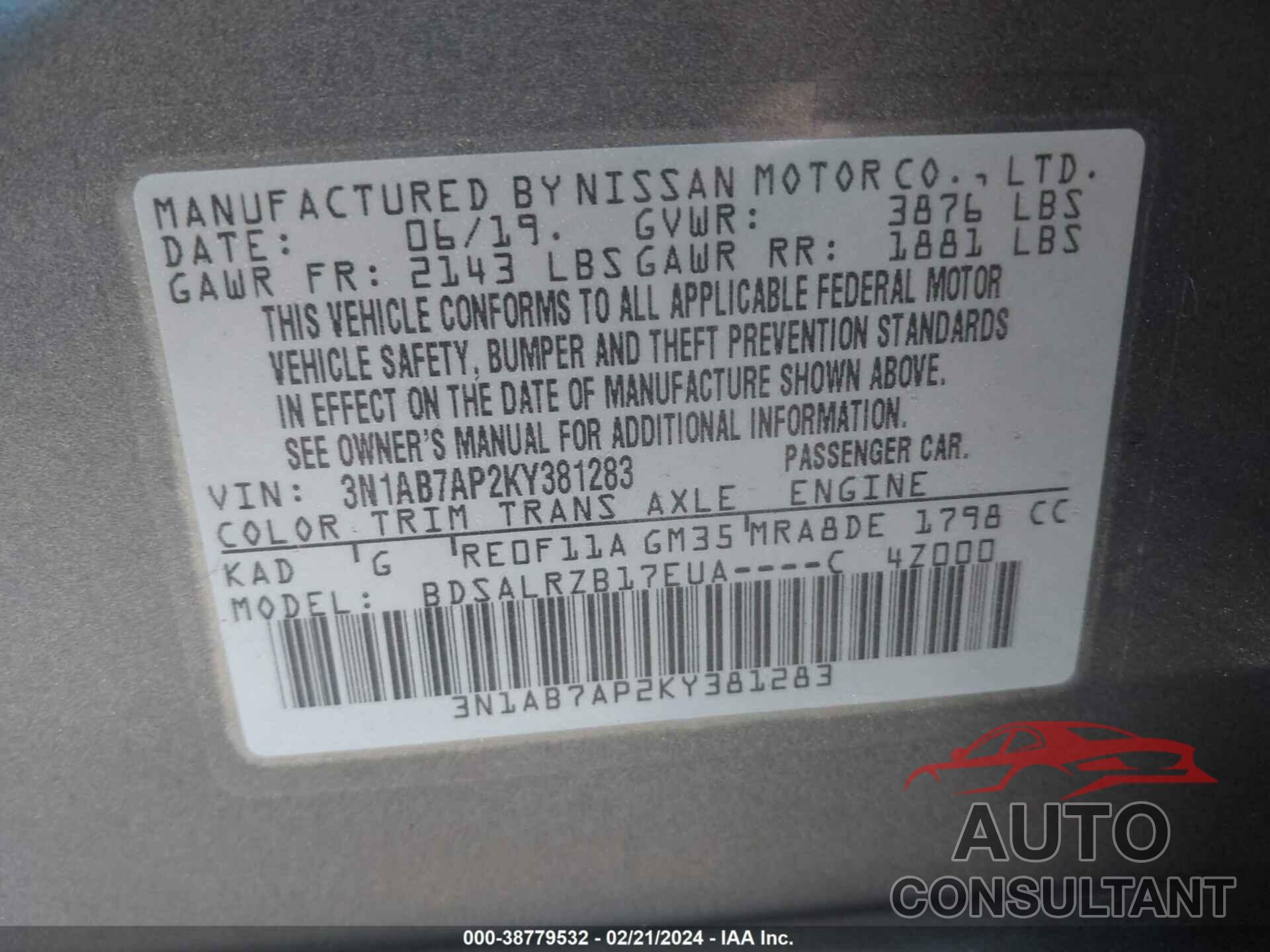 NISSAN SENTRA 2019 - 3N1AB7AP2KY381283