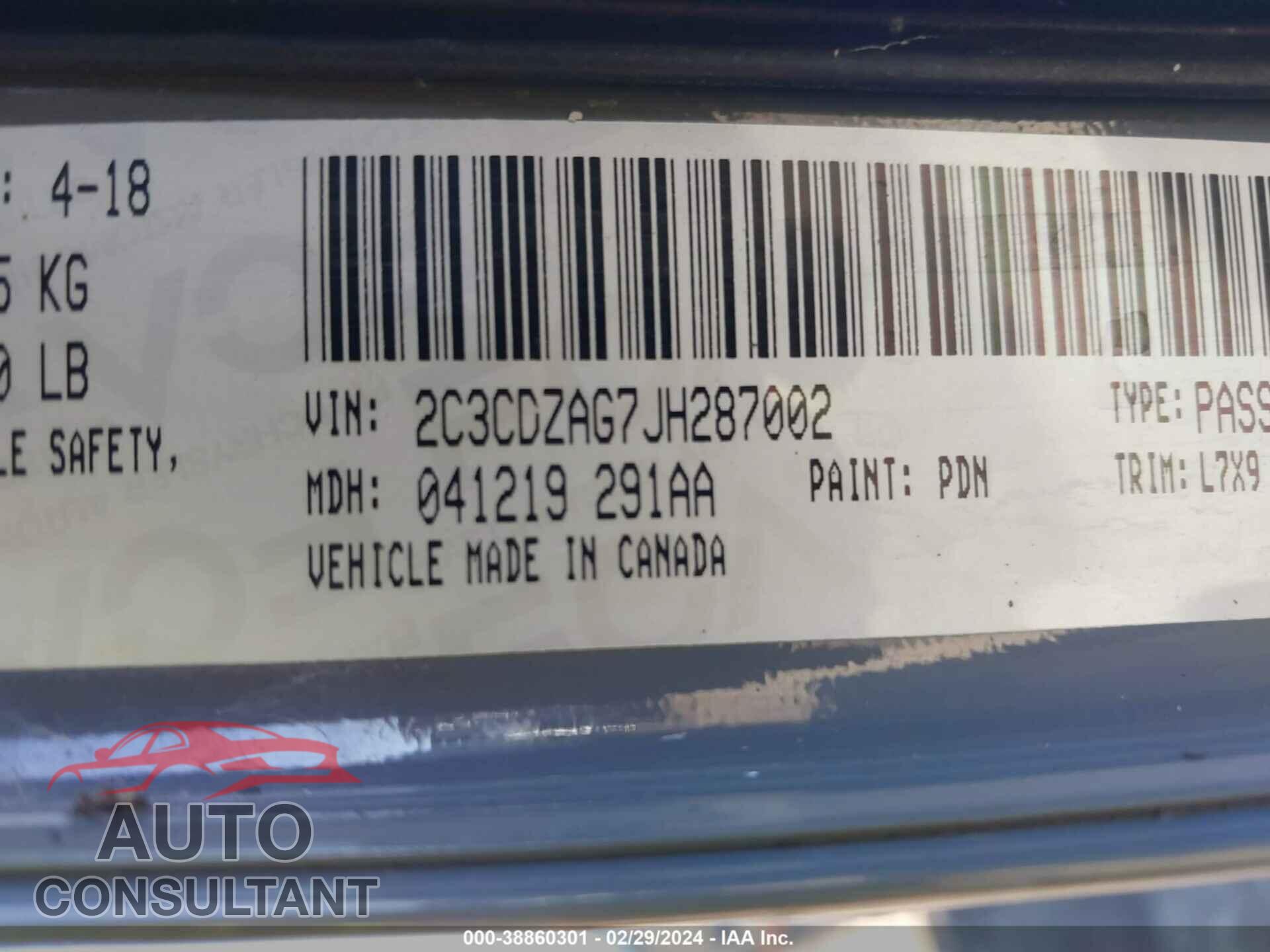 DODGE CHALLENGER 2018 - 2C3CDZAG7JH287002