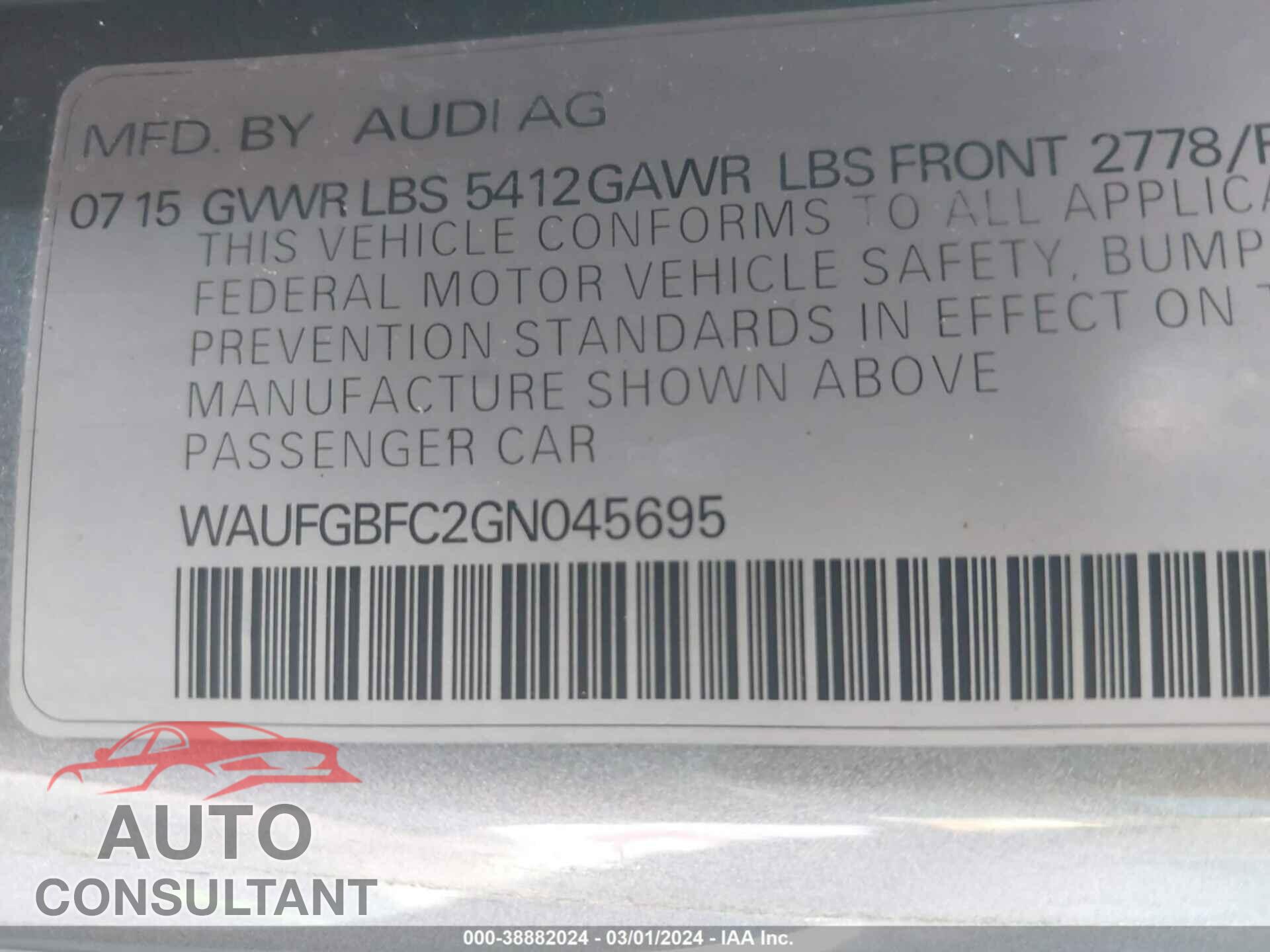 AUDI A6 2016 - WAUFGBFC2GN045695
