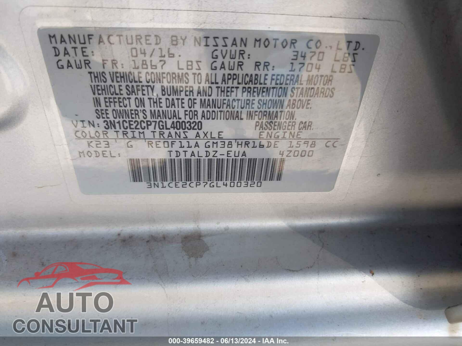NISSAN VERSA NOTE 2016 - 3N1CE2CP7GL400320