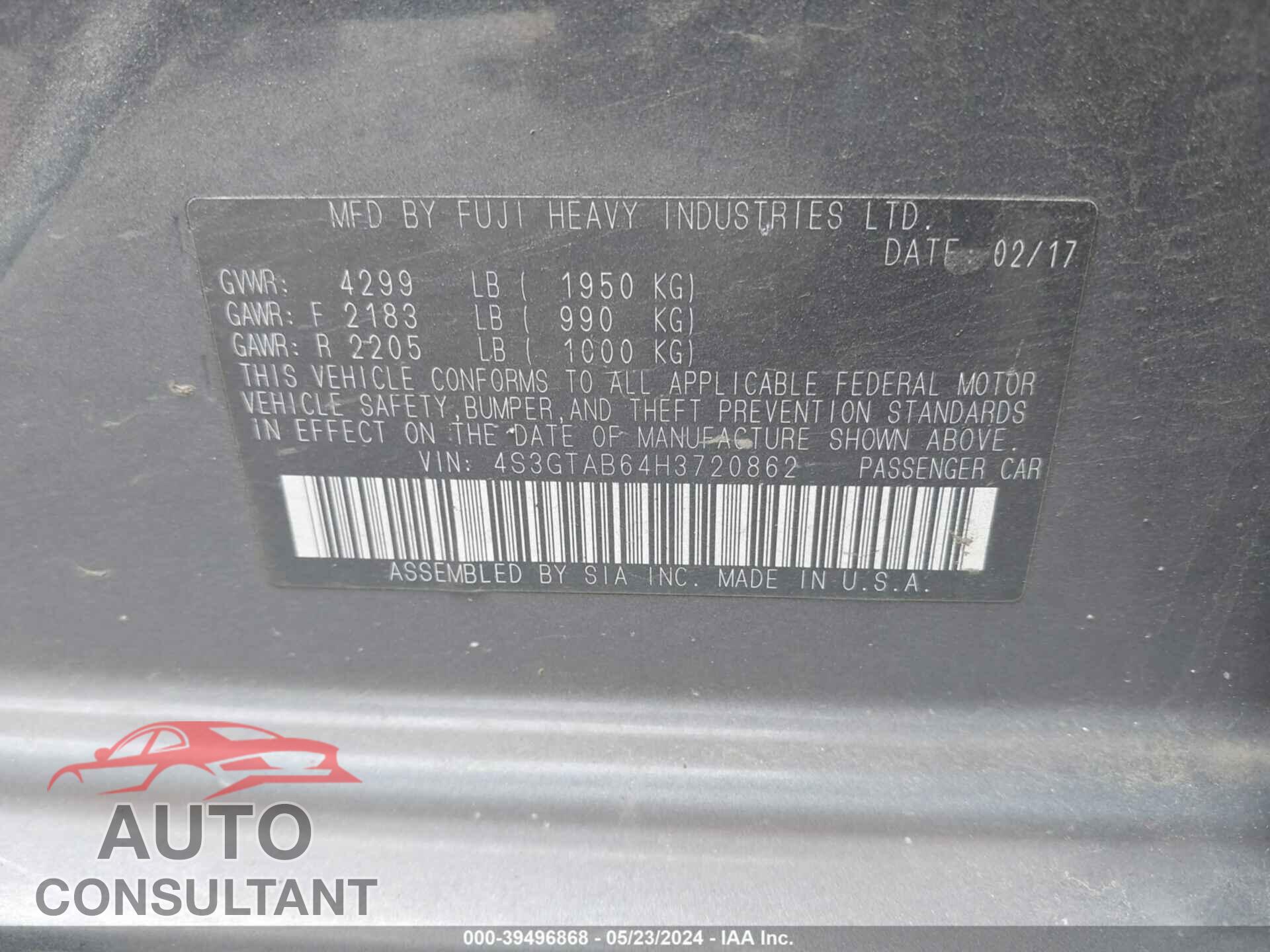 SUBARU IMPREZA 2017 - 4S3GTAB64H3720862