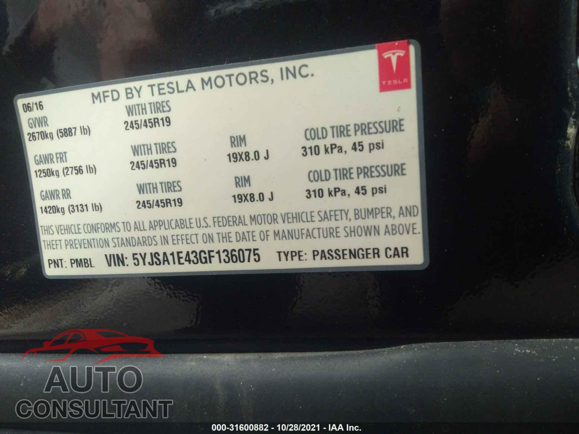 TESLA MODEL S 2016 - 5YJSA1E43GF136075