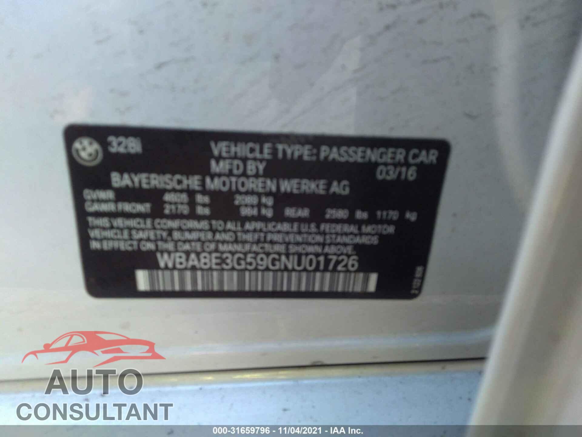BMW 3 SERIES 2016 - WBA8E3G59GNU01726