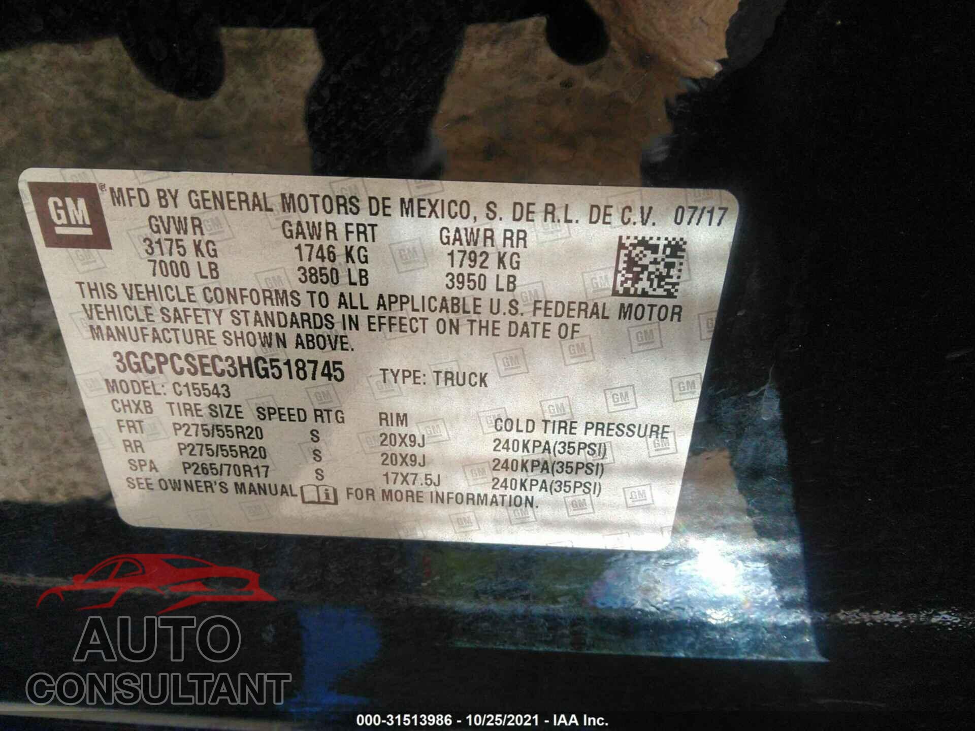 CHEVROLET SILVERADO 1500 2017 - 3GCPCSEC3HG518745