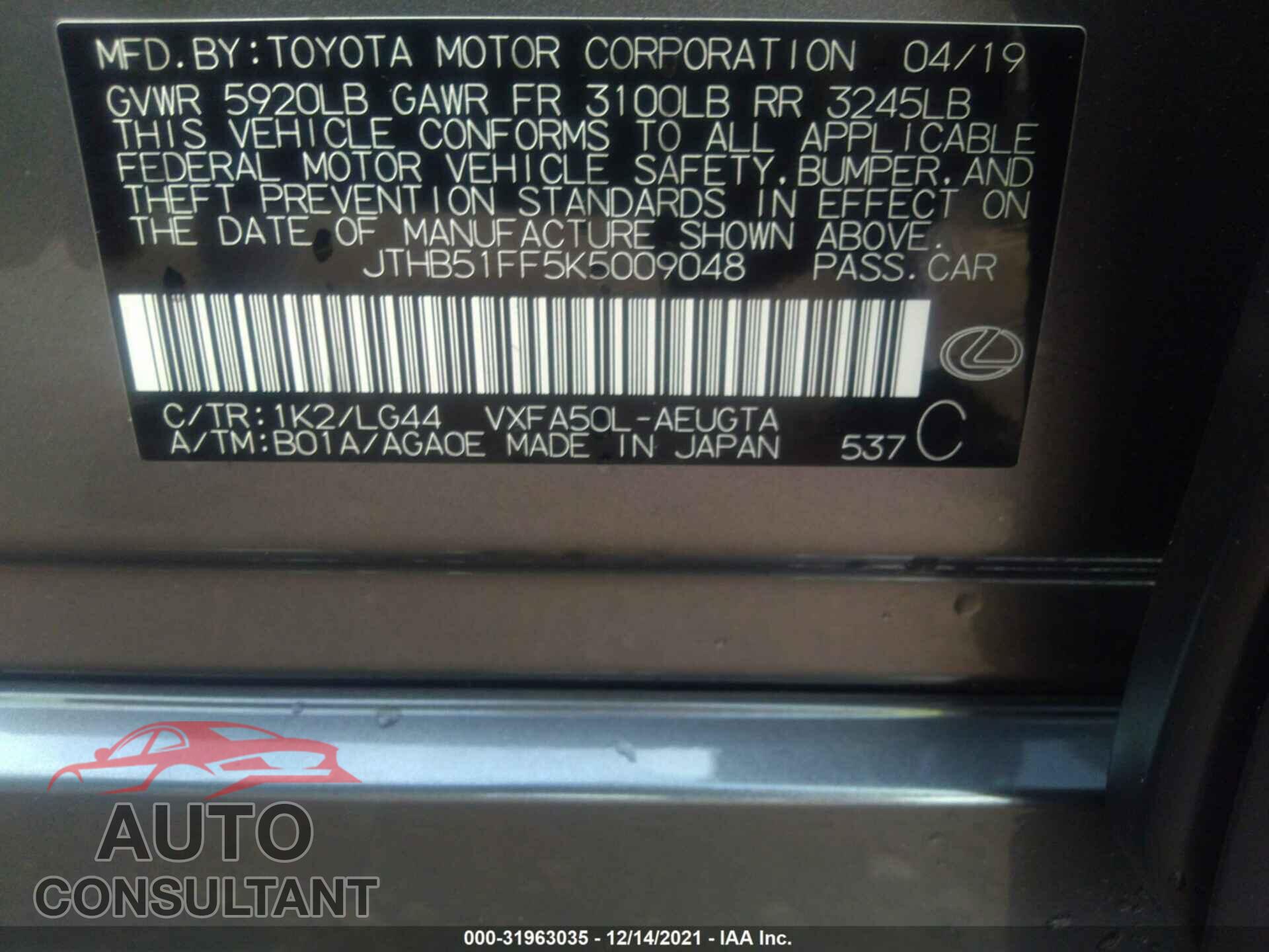 LEXUS LS 2019 - JTHB51FF5K5009048