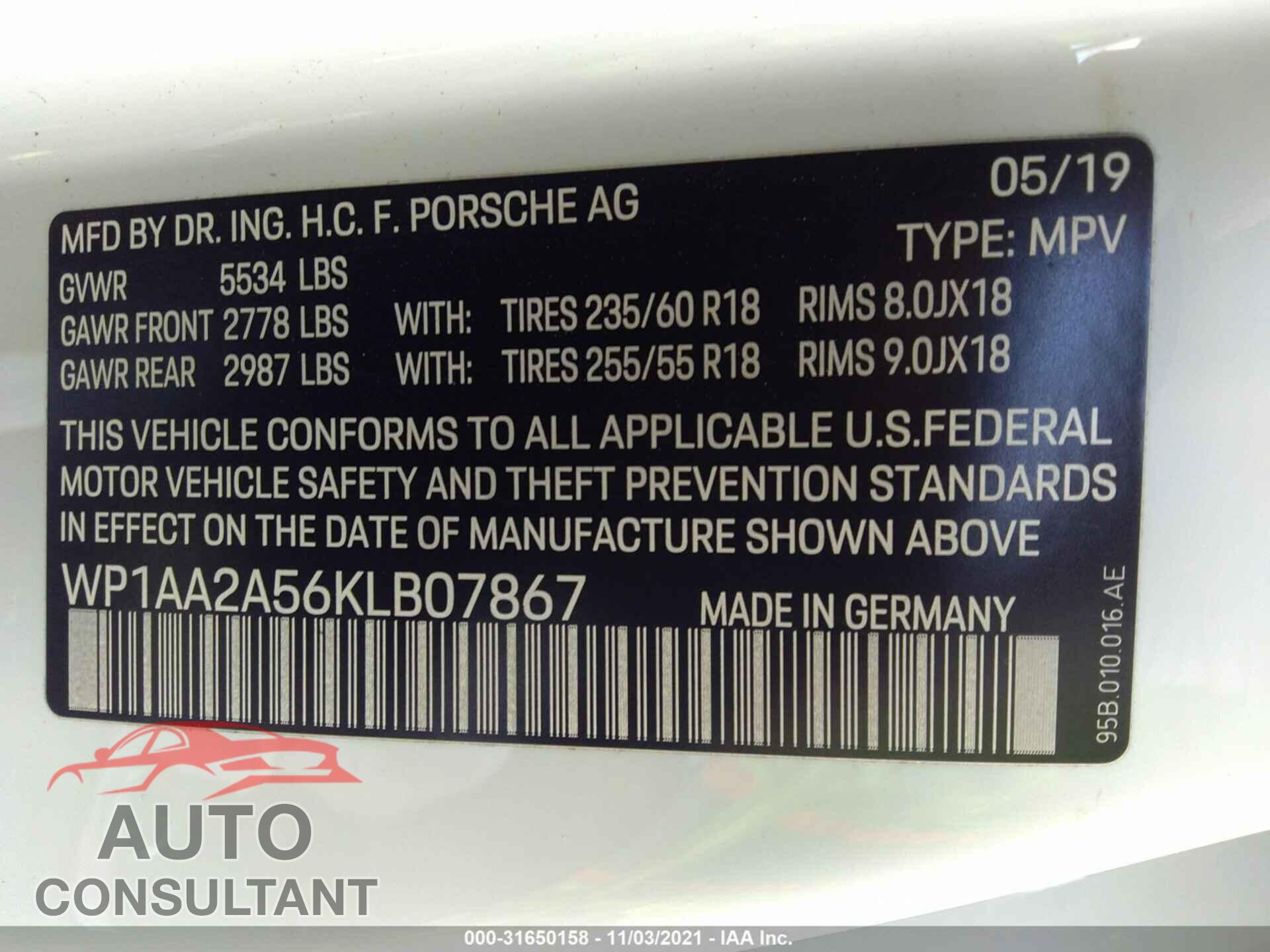 PORSCHE MACAN 2019 - WP1AA2A56KLB07867