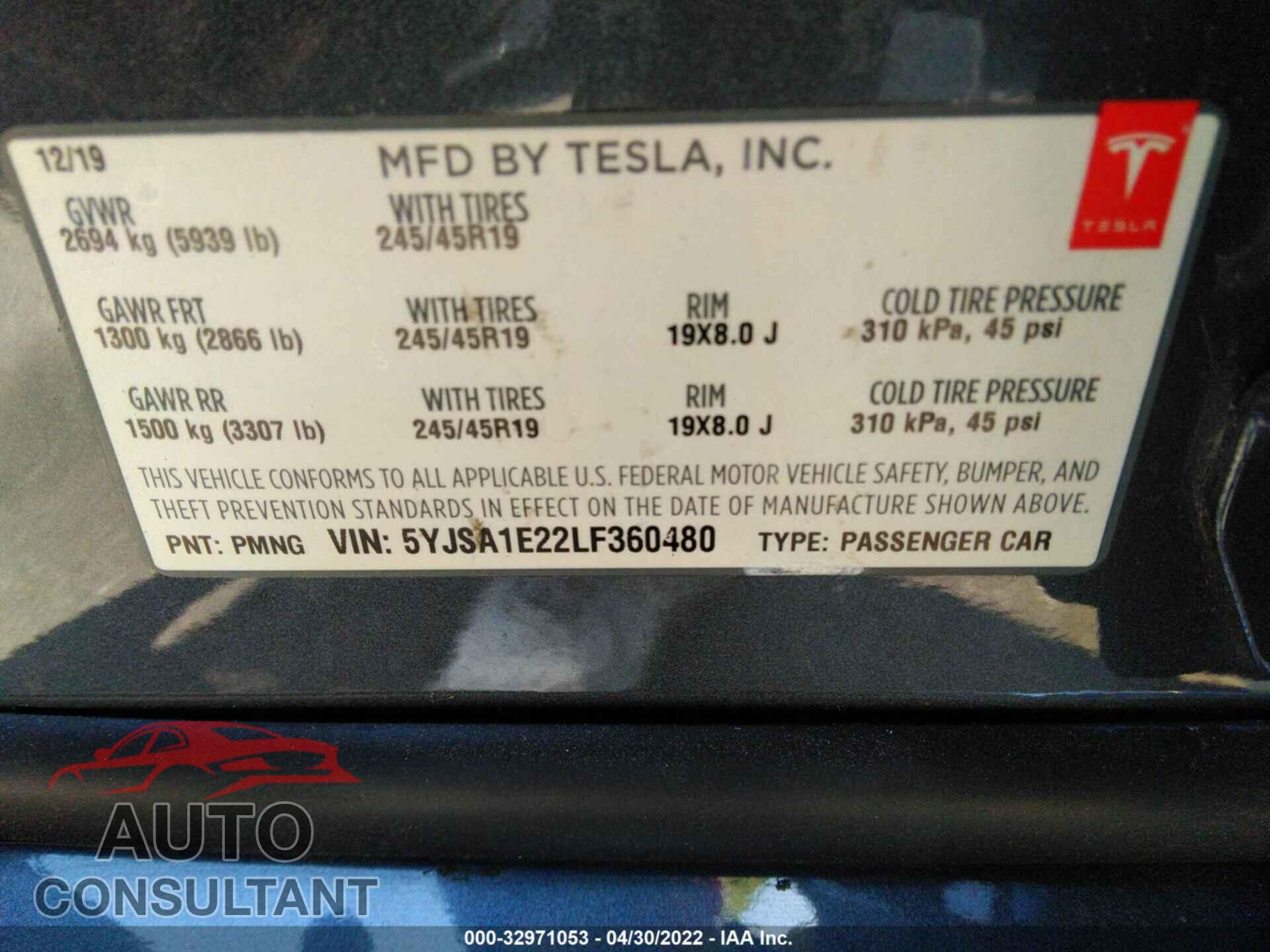 TESLA MODEL S 2020 - 5YJSA1E22LF360480