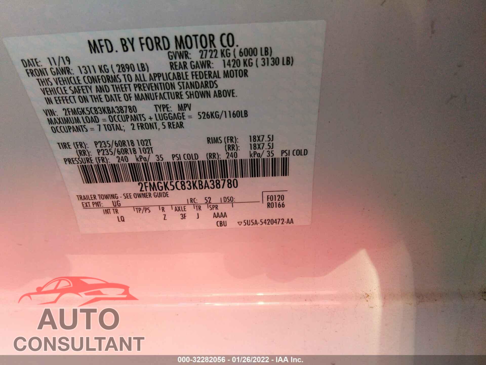 FORD FLEX 2019 - 2FMGK5C83KBA38780