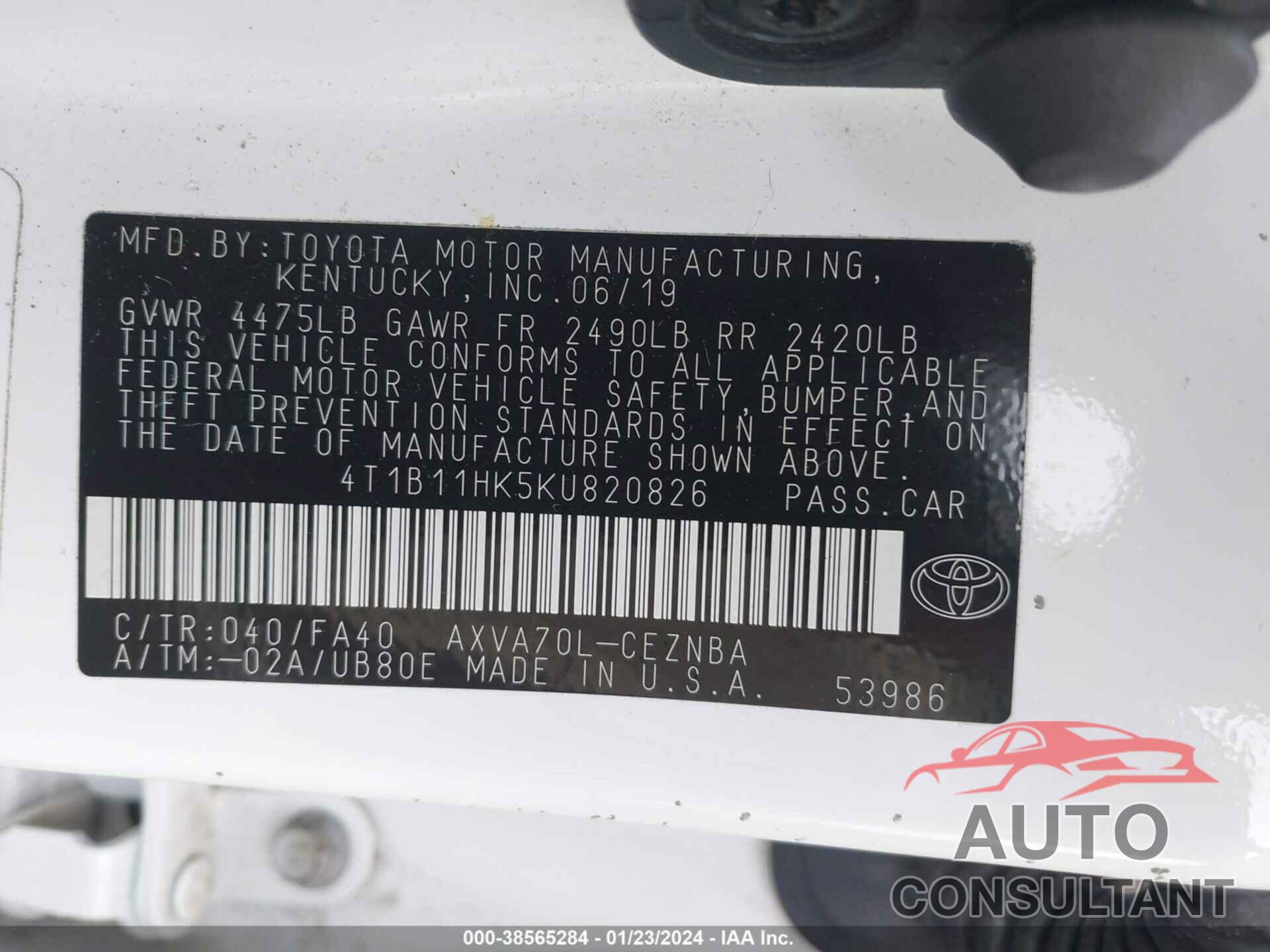 TOYOTA CAMRY 2019 - 4T1B11HK5KU820826