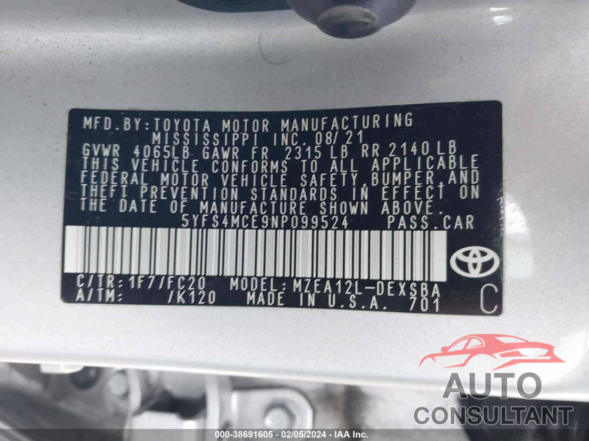 TOYOTA COROLLA 2022 - 5YFS4MCE9NP099524