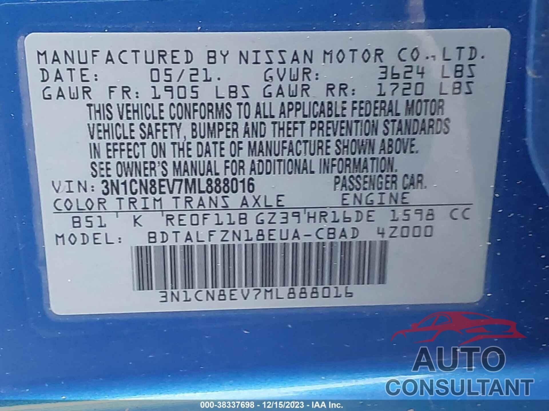 NISSAN VERSA 2021 - 3N1CN8EV7ML888016