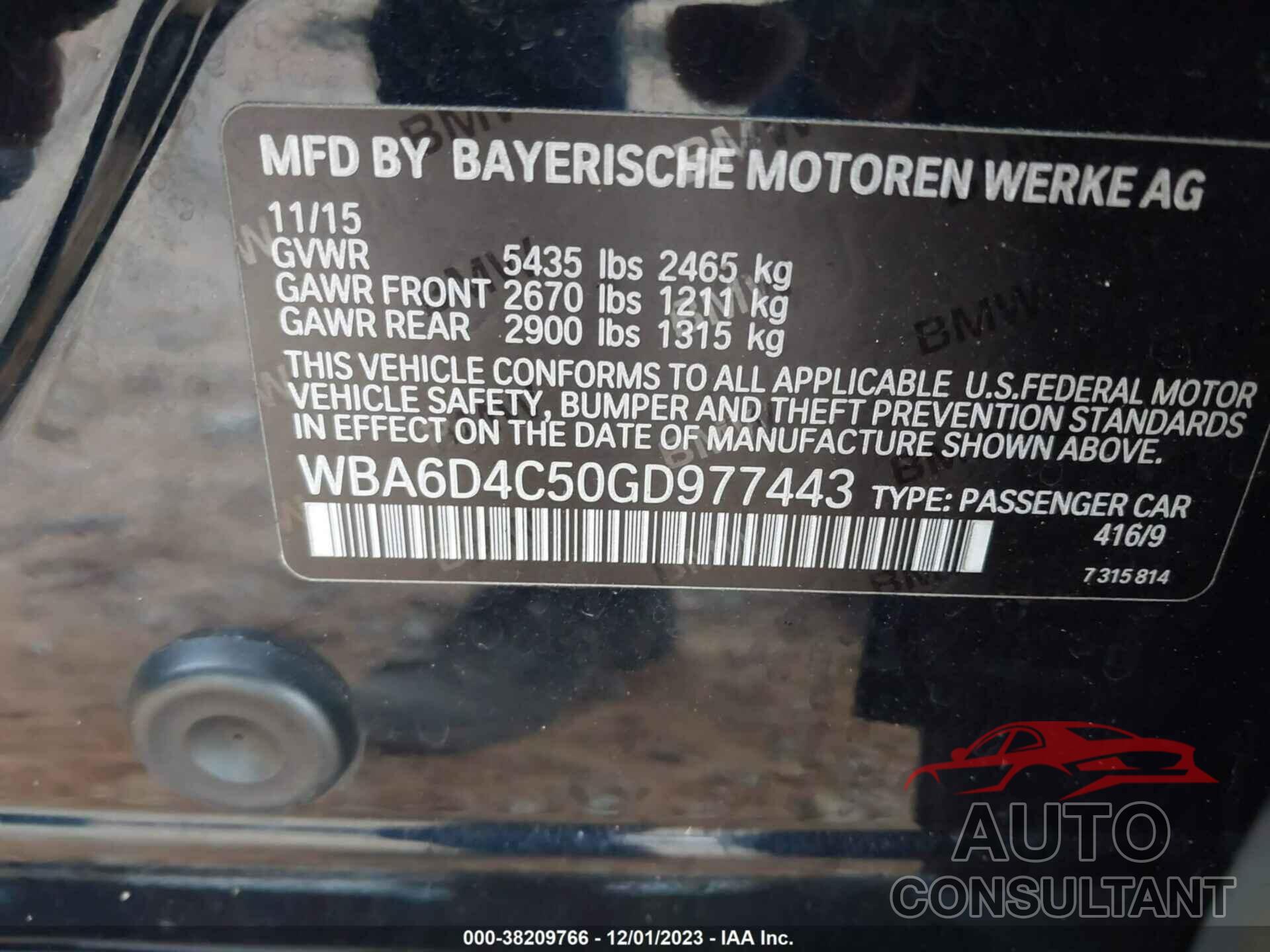 BMW 650I GRAN COUPE 2016 - WBA6D4C50GD977443