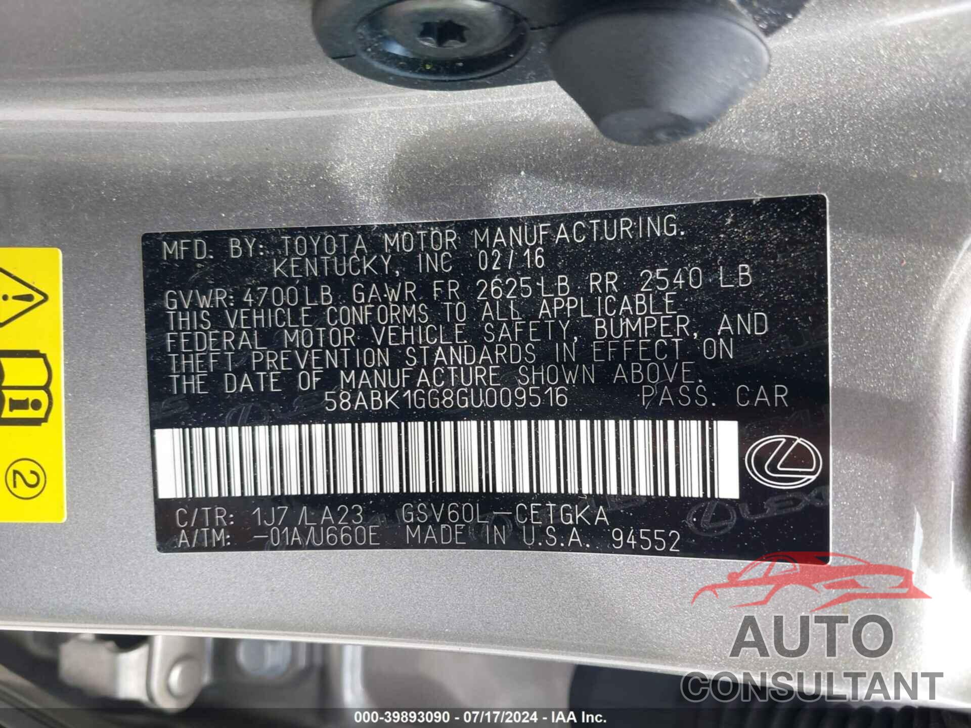 LEXUS ES 350 2016 - 58ABK1GG8GU009516