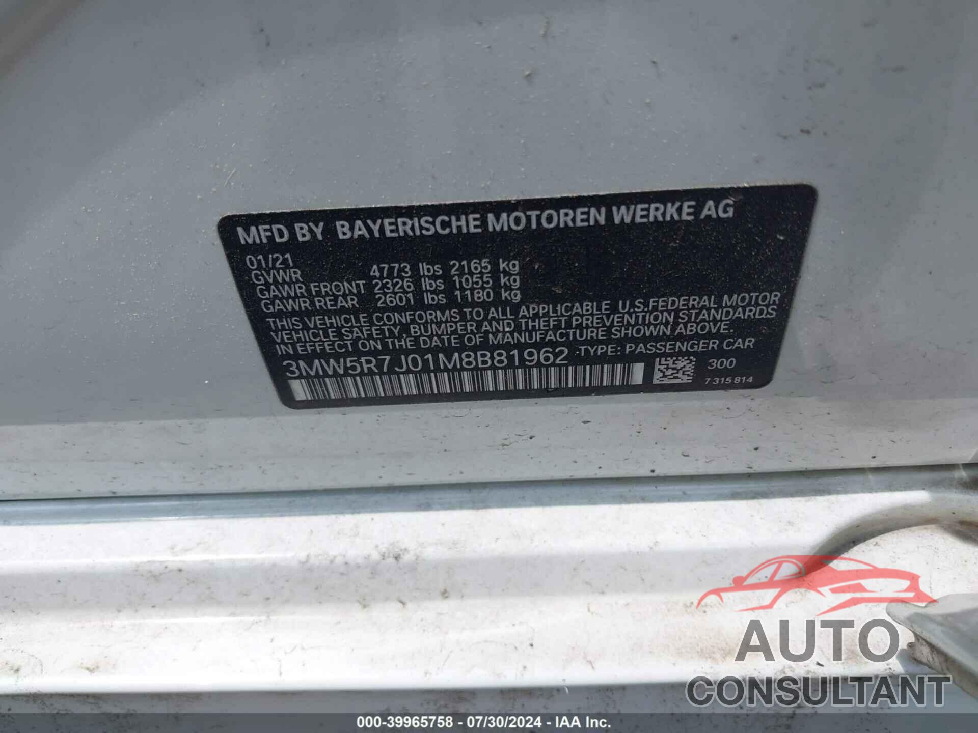 BMW 3 SERIES 2021 - 3MW5R7J01M8B81962