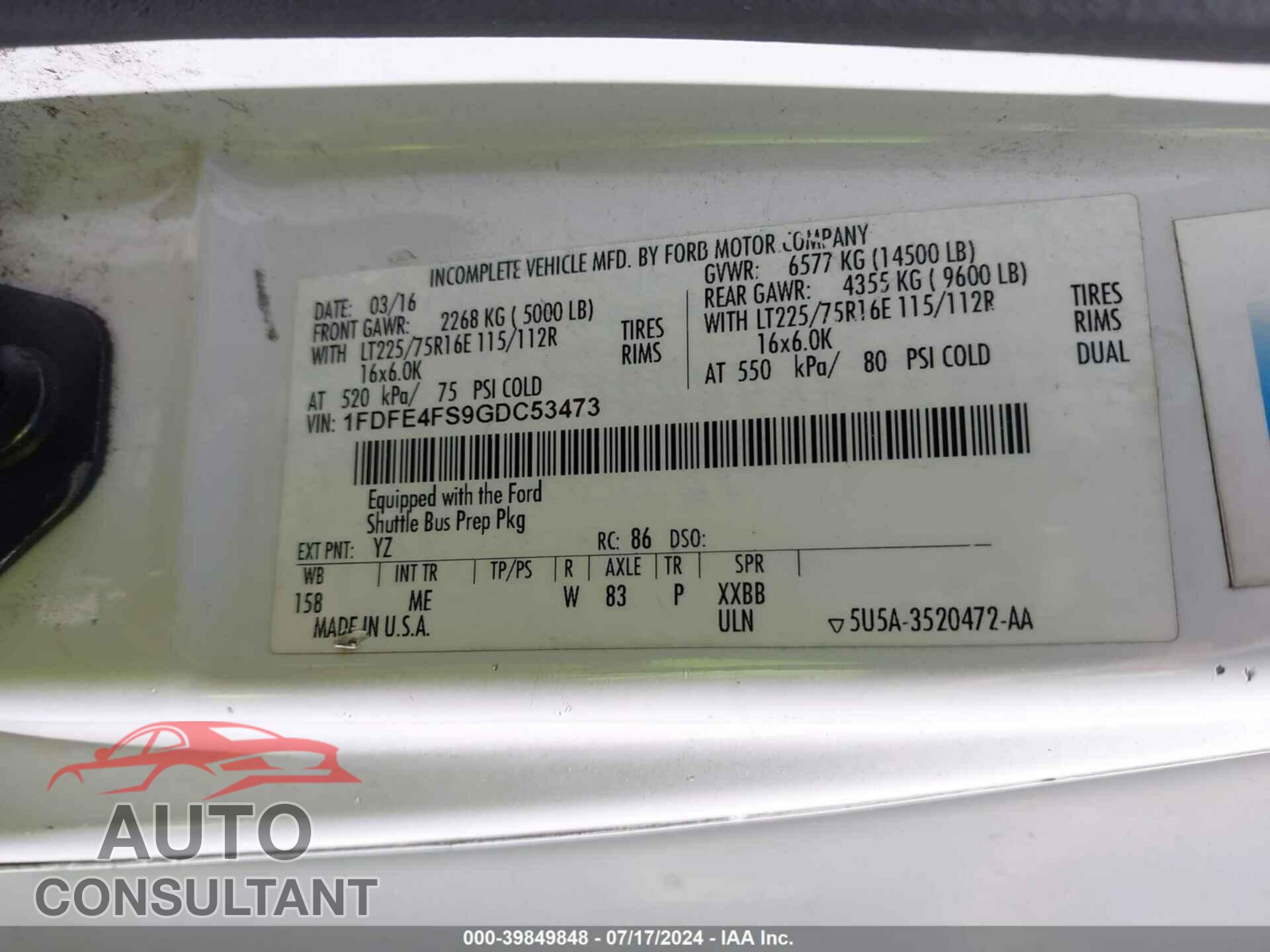 FORD E-450 CUTAWAY 2016 - 1FDFE4FS9GDC53473