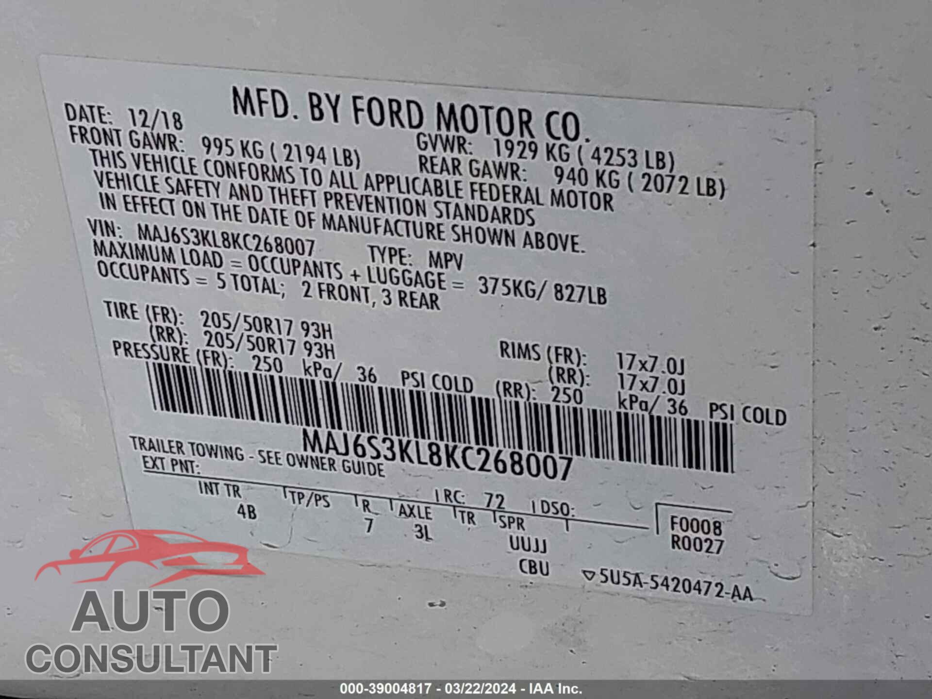 FORD ECOSPORT 2019 - MAJ6S3KL8KC268007