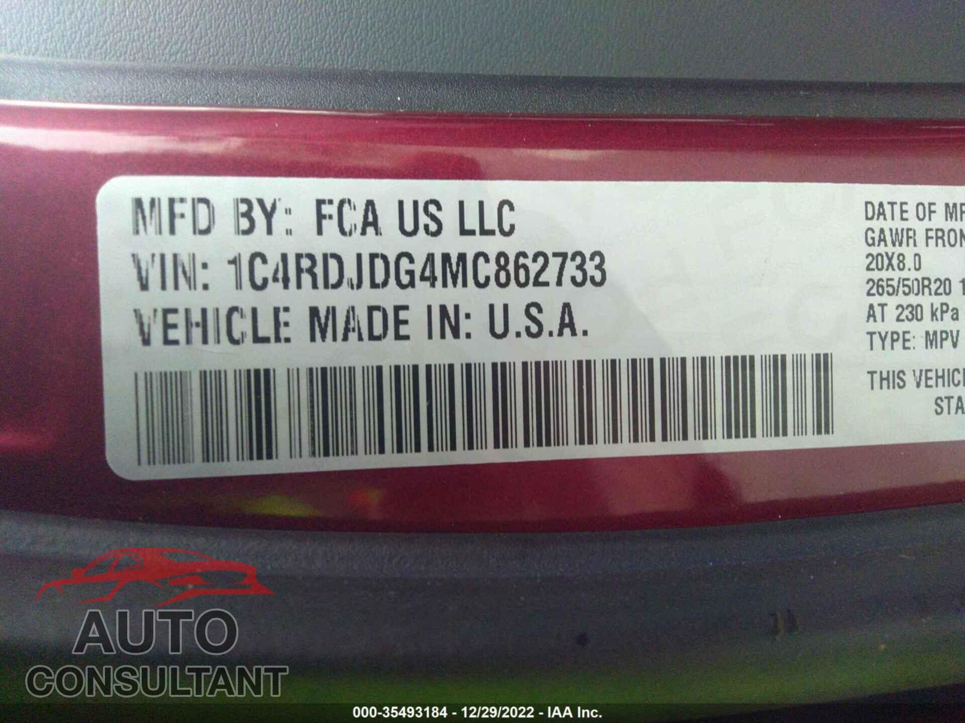 DODGE DURANGO 2021 - 1C4RDJDG4MC862733