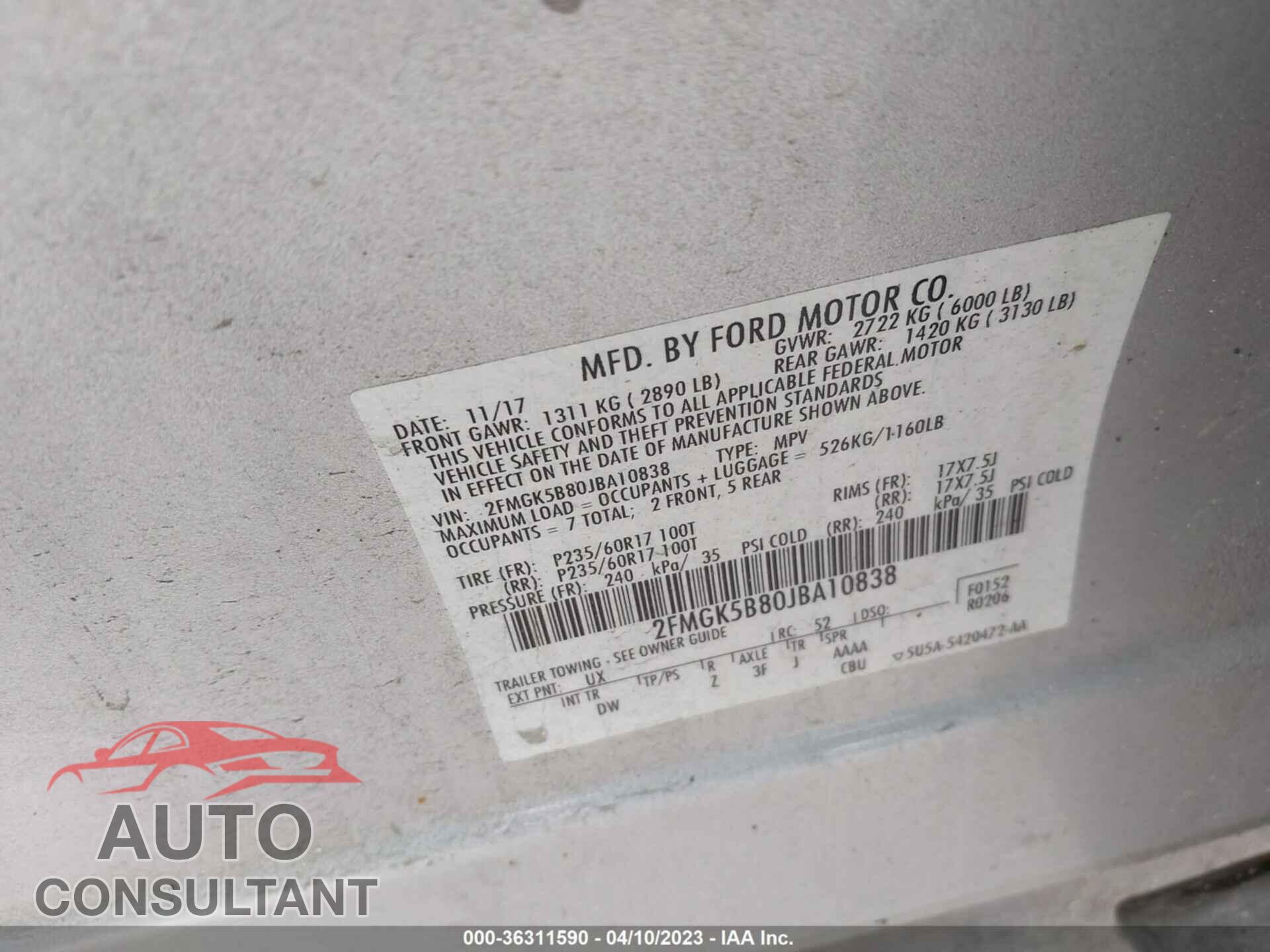 FORD FLEX 2018 - 2FMGK5B80JBA10838