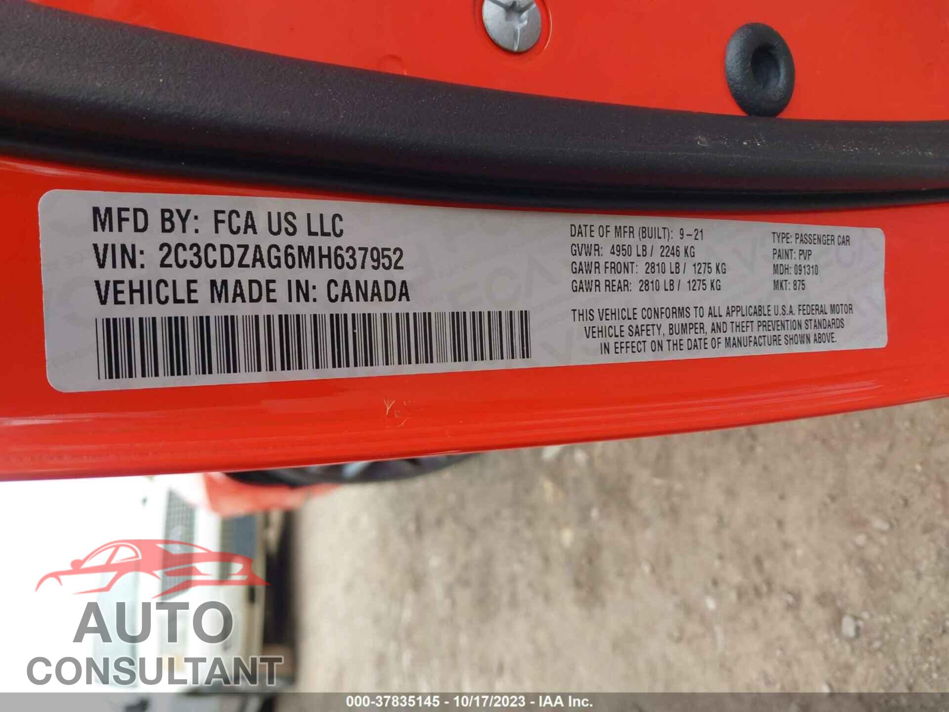 DODGE CHALLENGER 2021 - 2C3CDZAG6MH637952