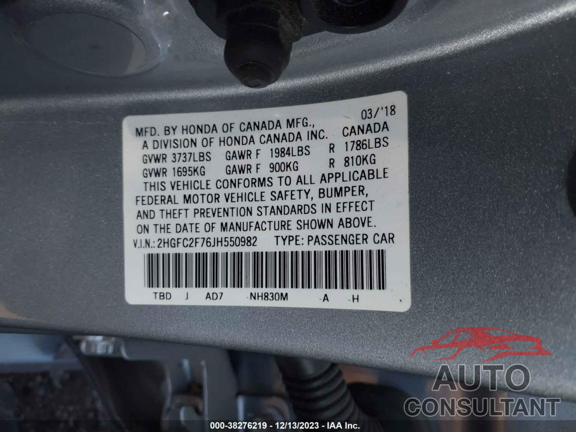 HONDA CIVIC 2018 - 2HGFC2F76JH550982