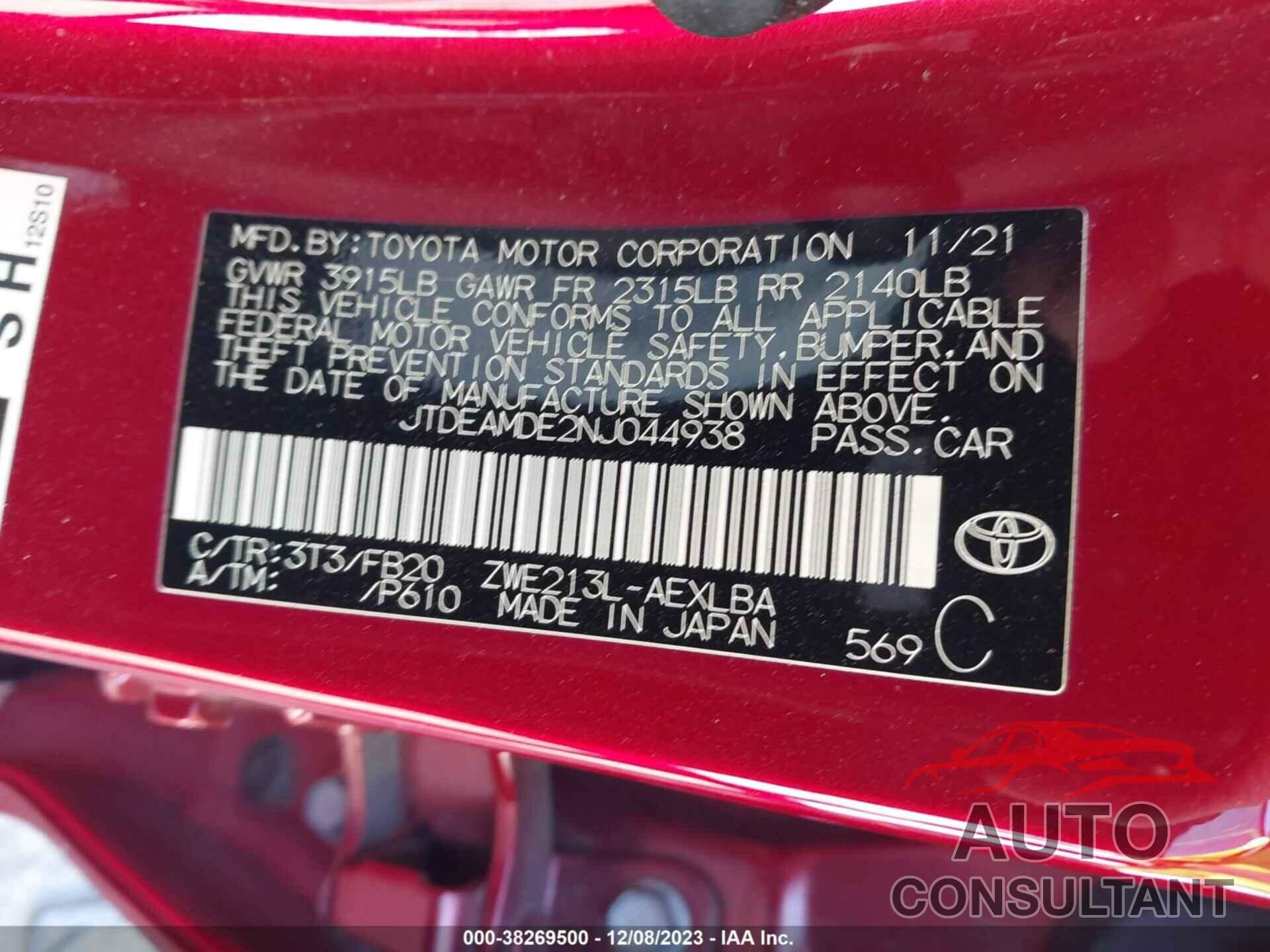 TOYOTA COROLLA 2022 - JTDEAMDE2NJ044938