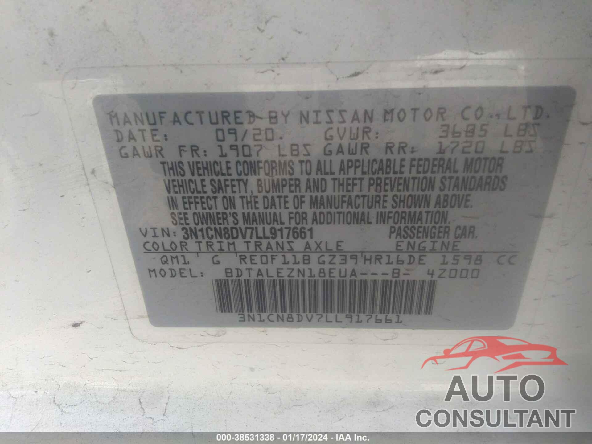 NISSAN VERSA 2020 - 3N1CN8DV7LL917661