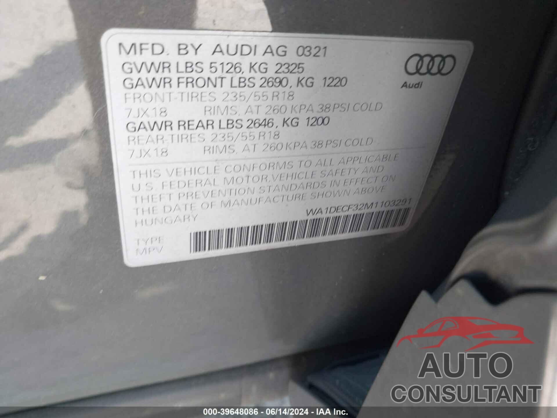 AUDI Q3 2021 - WA1DECF32M1103291