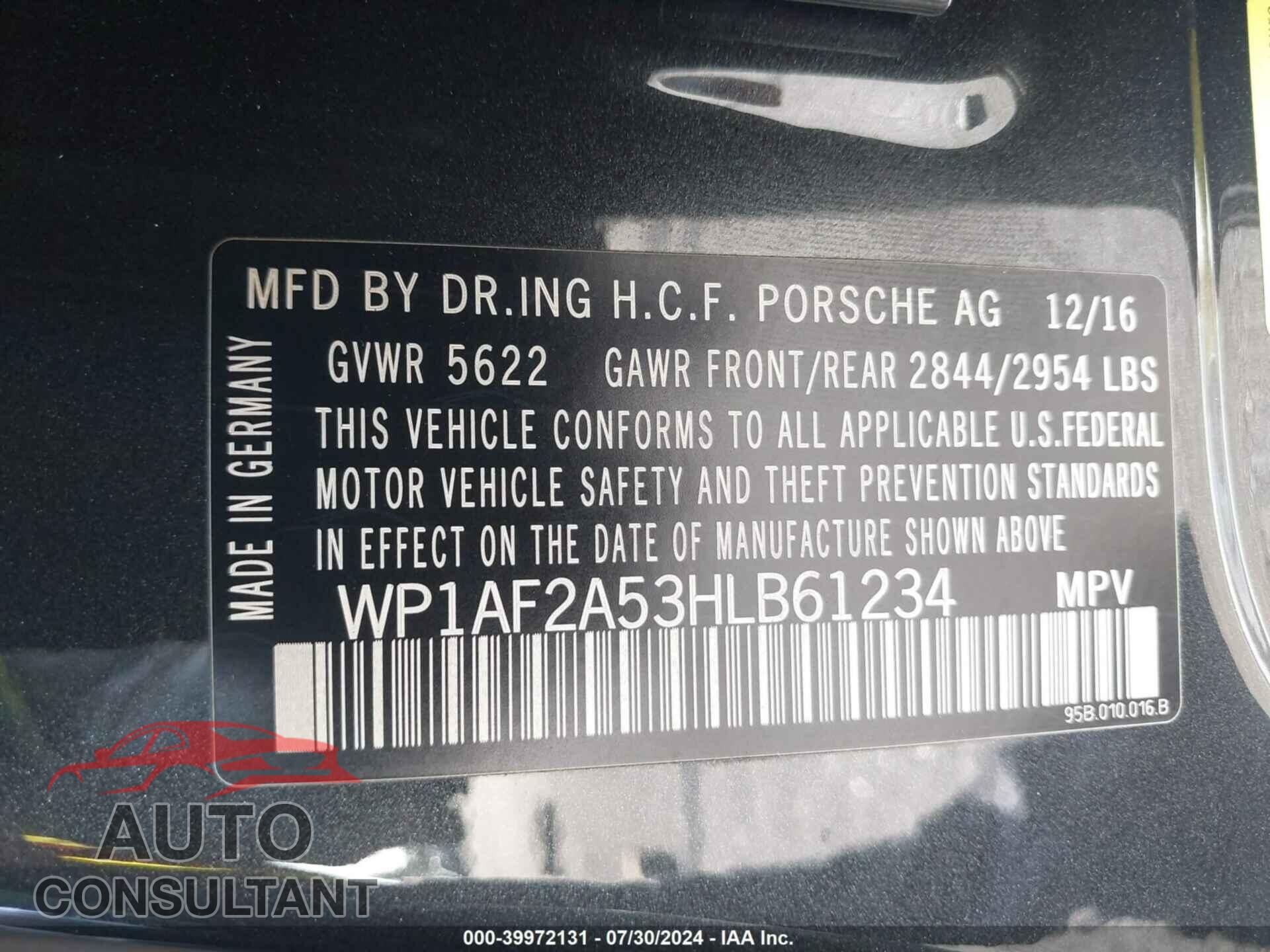PORSCHE MACAN 2017 - WP1AF2A53HLB61234