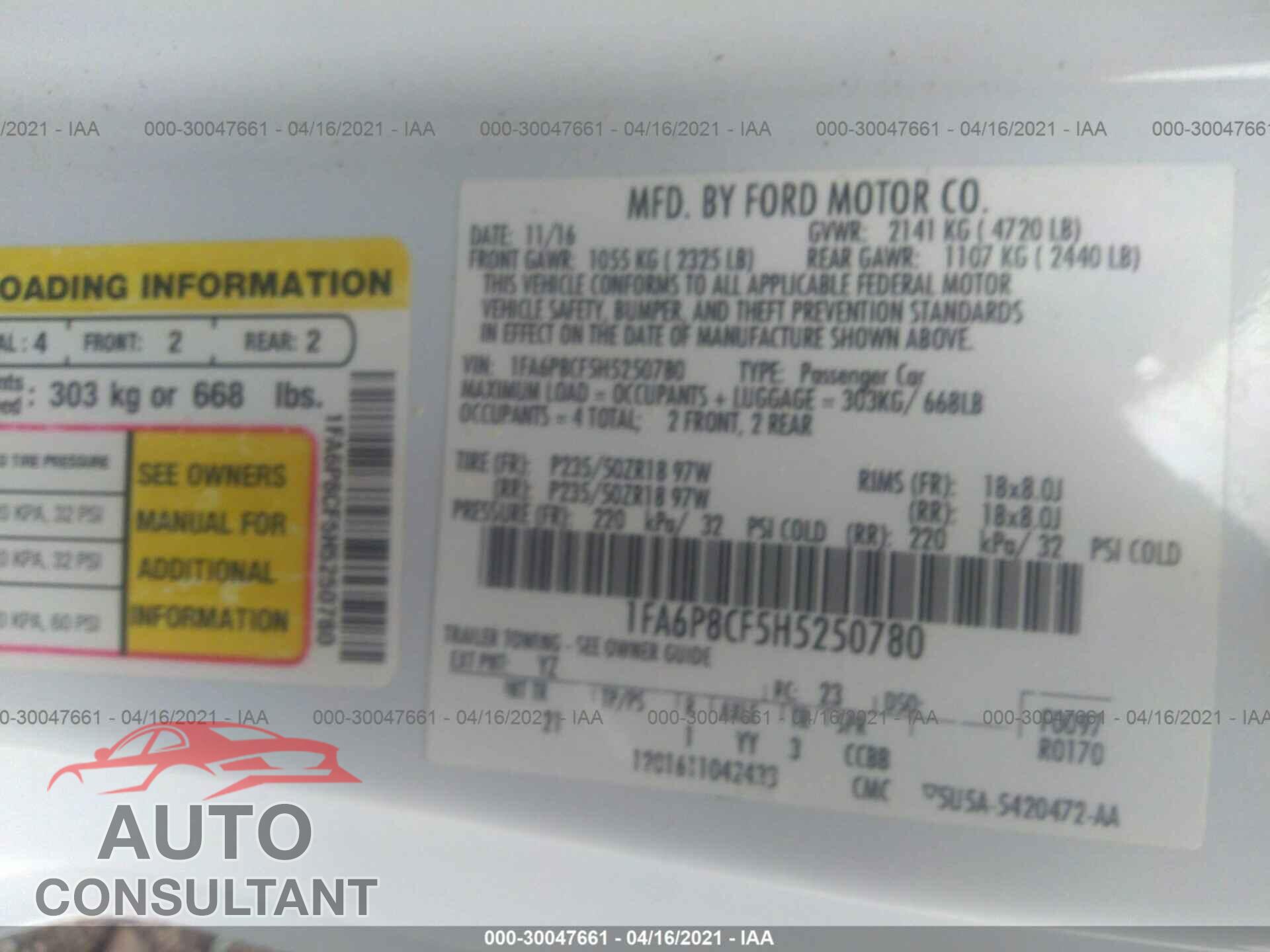 FORD MUSTANG 2017 - 1FA6P8CF5H5250780