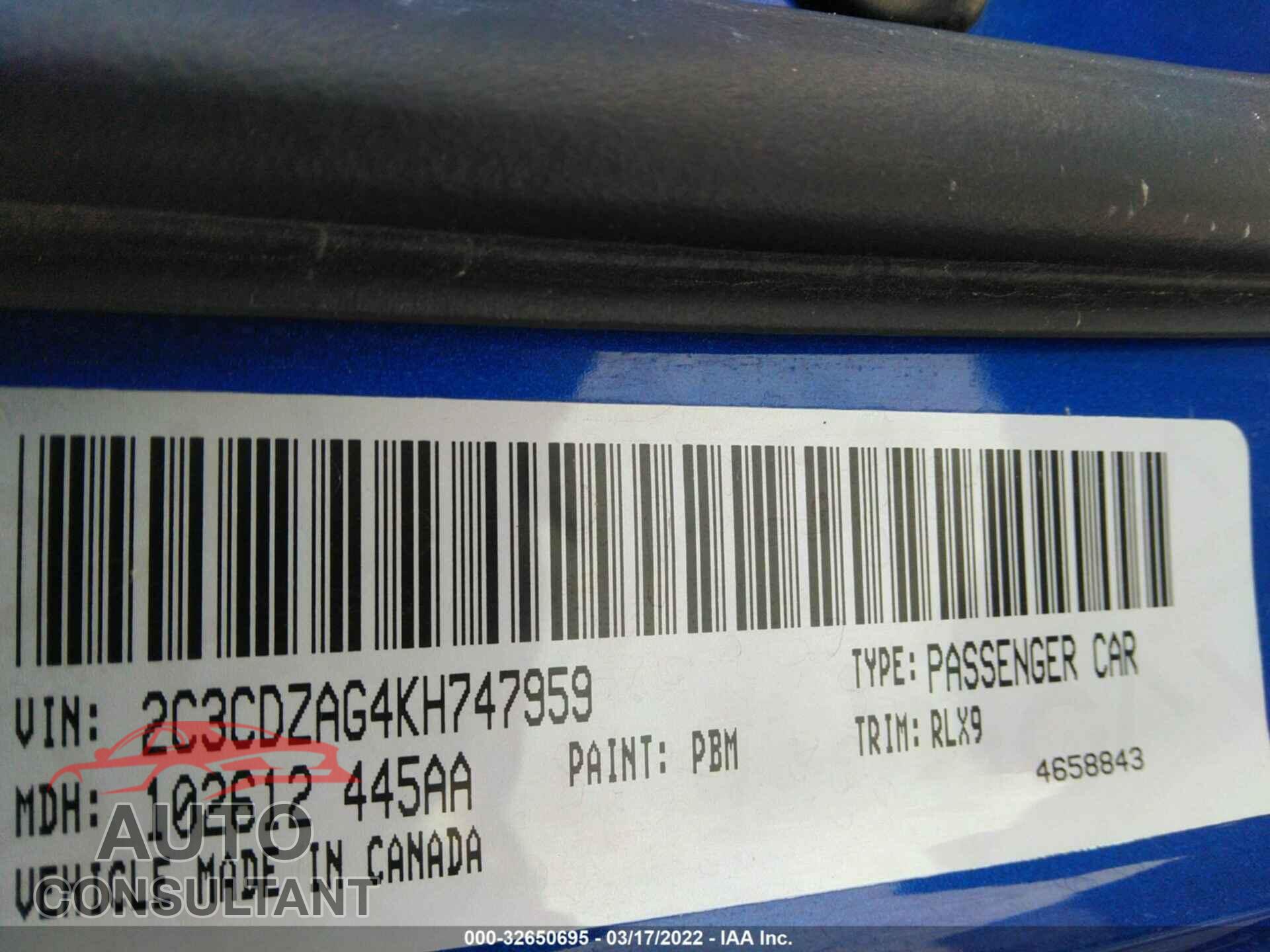 DODGE CHALLENGER 2019 - 2C3CDZAG4KH747959