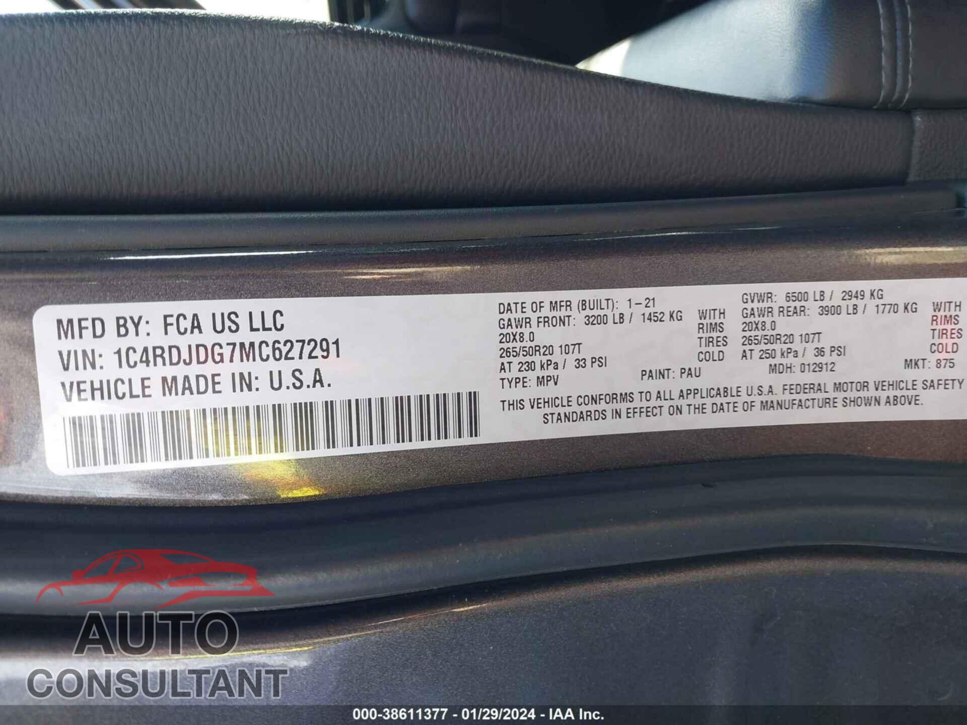 DODGE DURANGO 2021 - 1C4RDJDG7MC627291