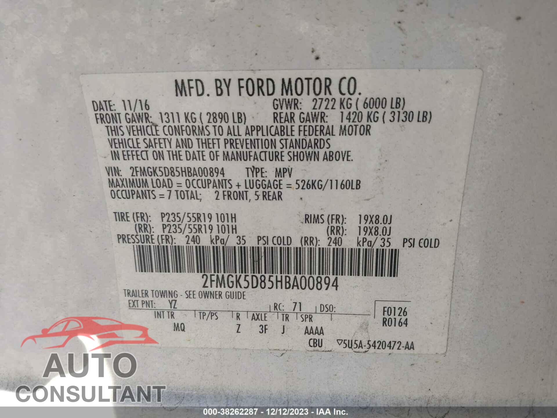 FORD FLEX 2017 - 2FMGK5D85HBA00894