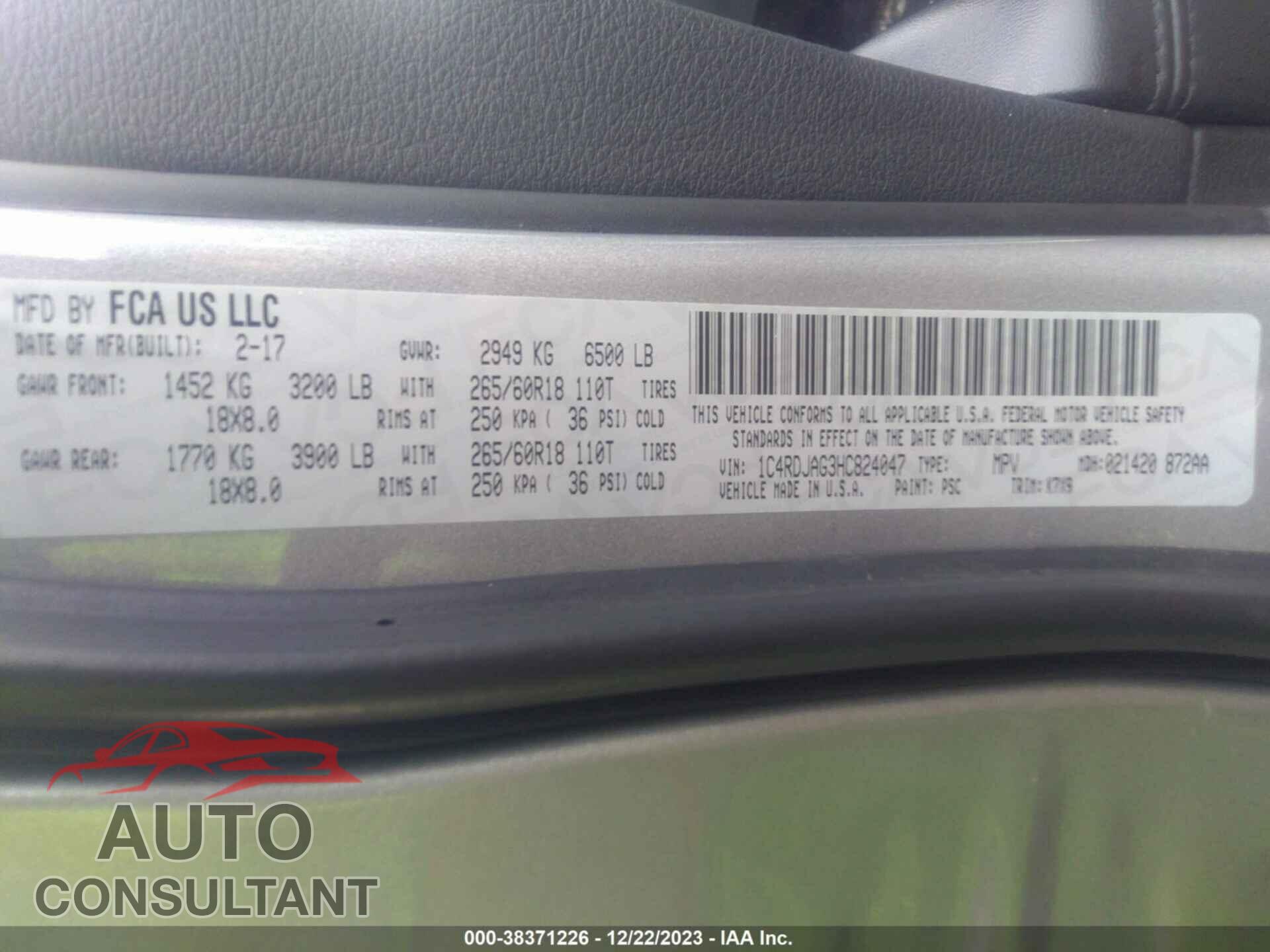DODGE DURANGO 2017 - 1C4RDJAG3HC824047