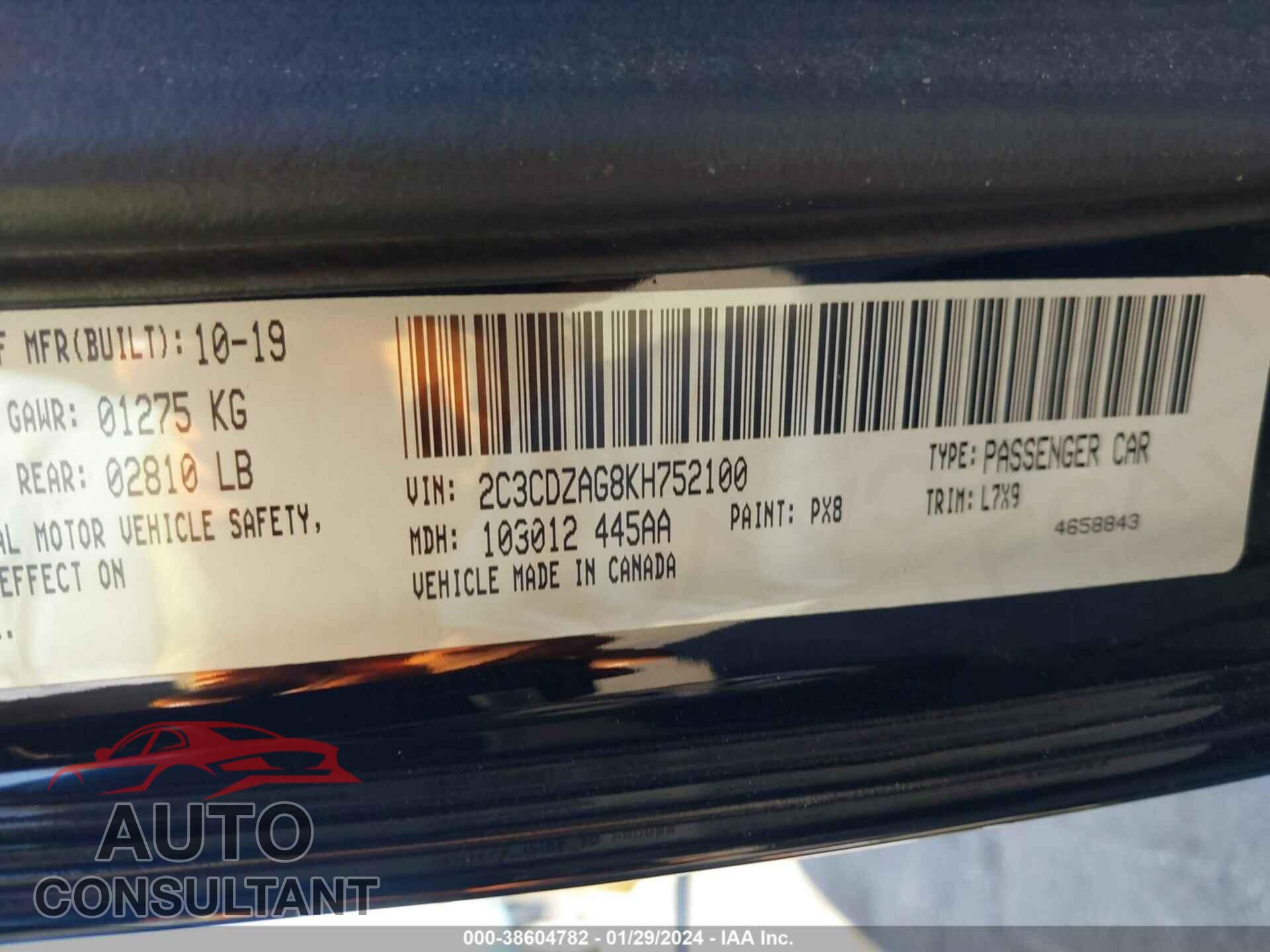 DODGE CHALLENGER 2019 - 2C3CDZAG8KH752100