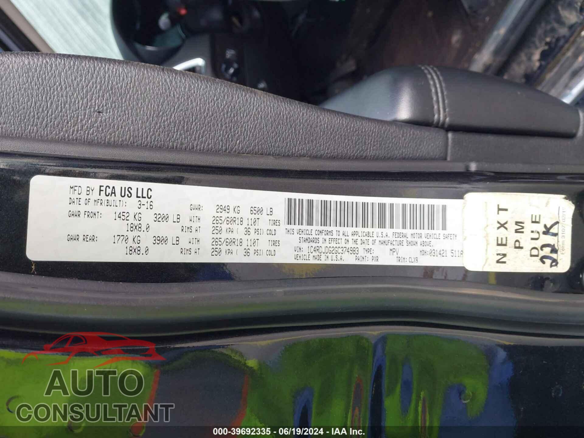 DODGE DURANGO 2016 - 1C4RDJDG2GC374983