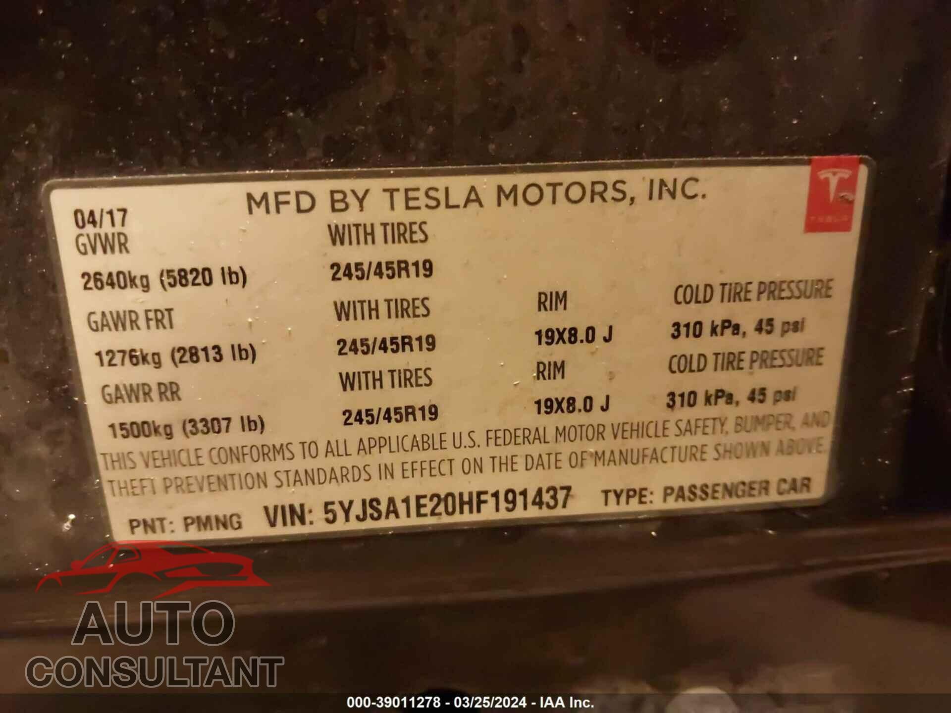 TESLA MODEL S 2017 - 5YJSA1E20HF191437