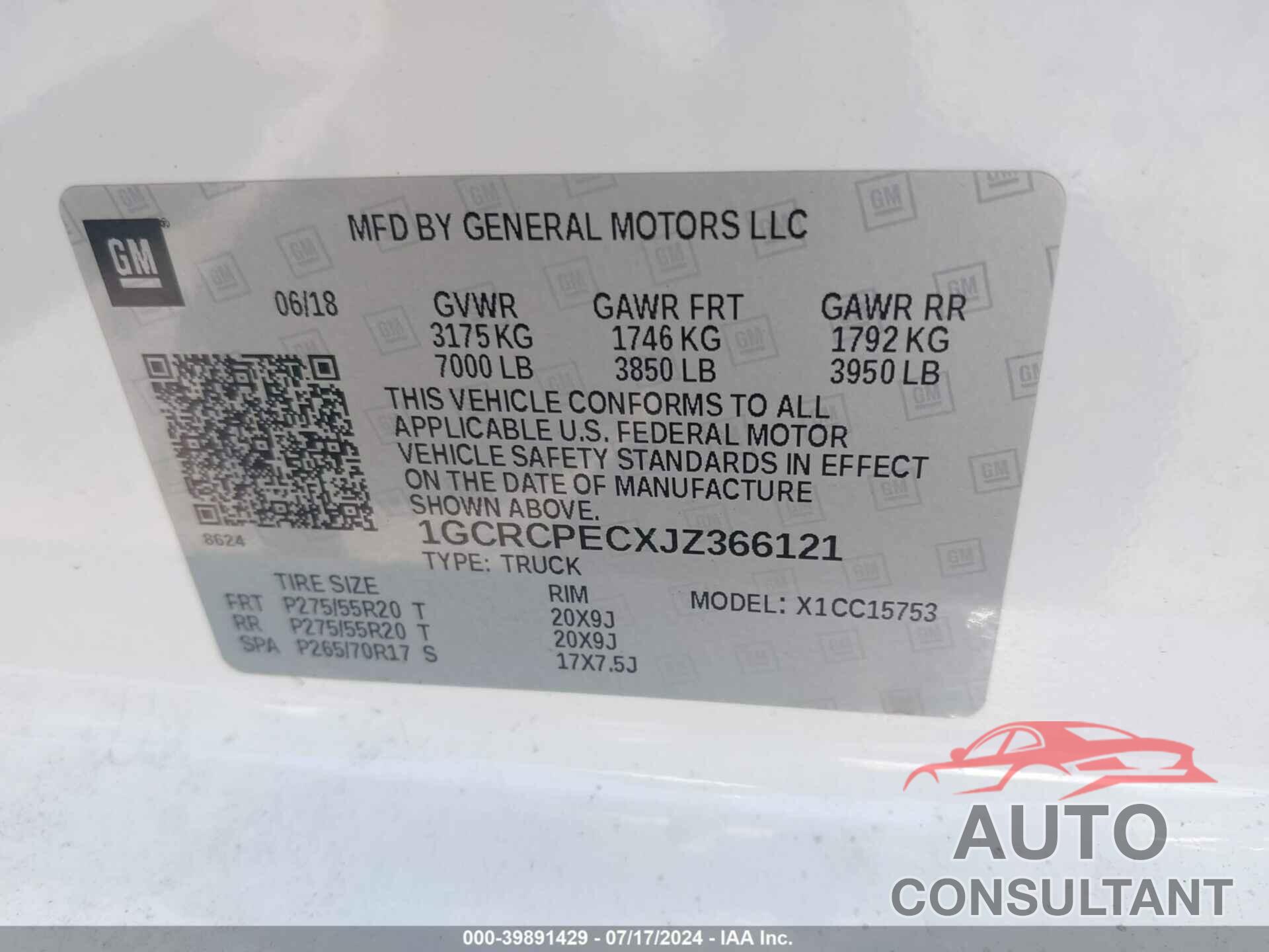 CHEVROLET SILVERADO 1500 2018 - 1GCRCPECXJZ366121