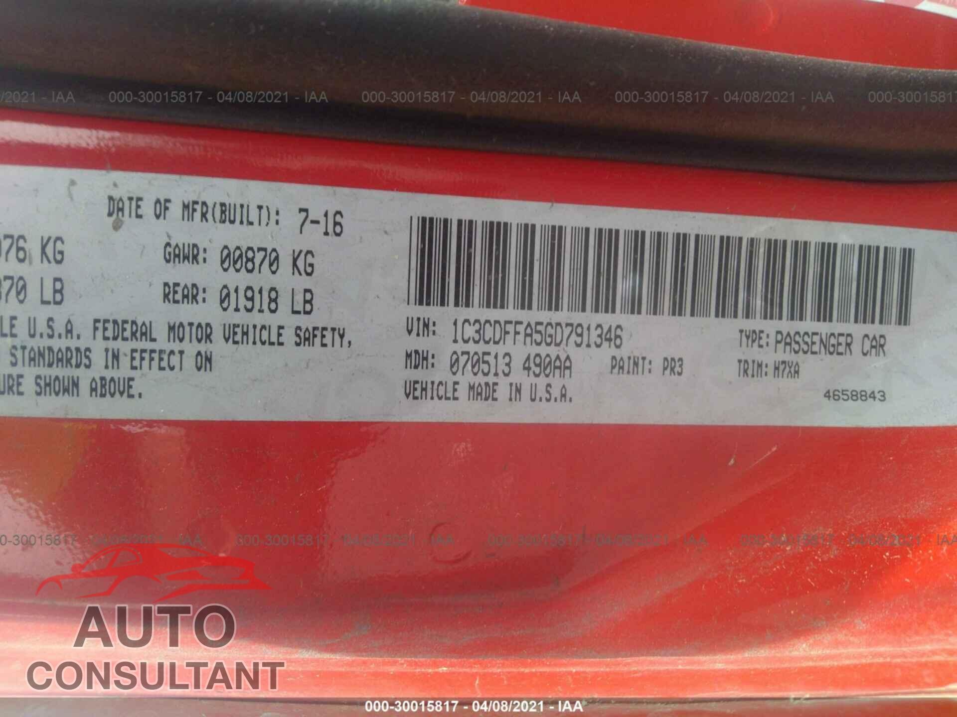 DODGE DART 2016 - 1C3CDFFA5GD791346